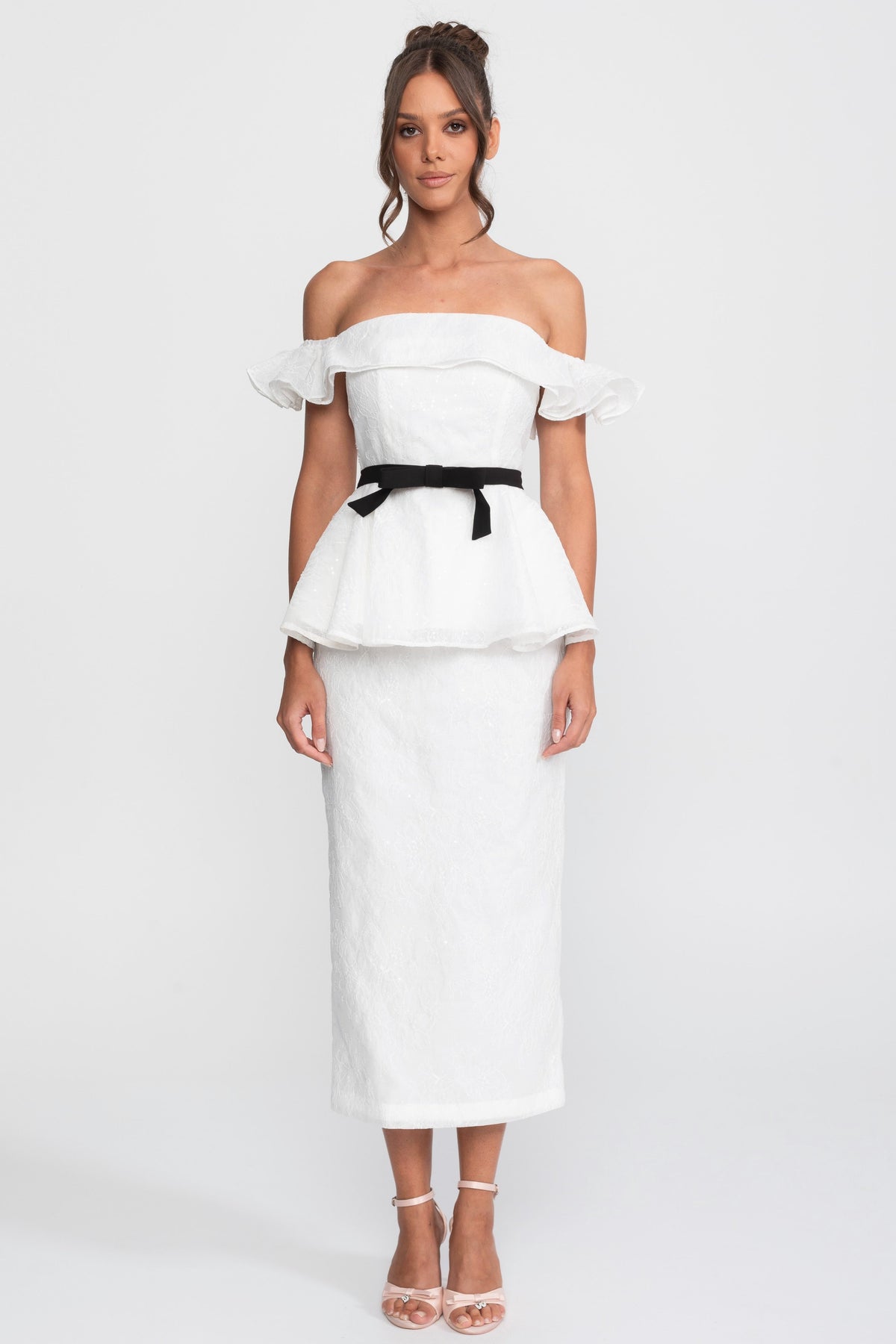 Off-Shoulder Peplum Top And Skirt Set With Black Ribbon Belt - White