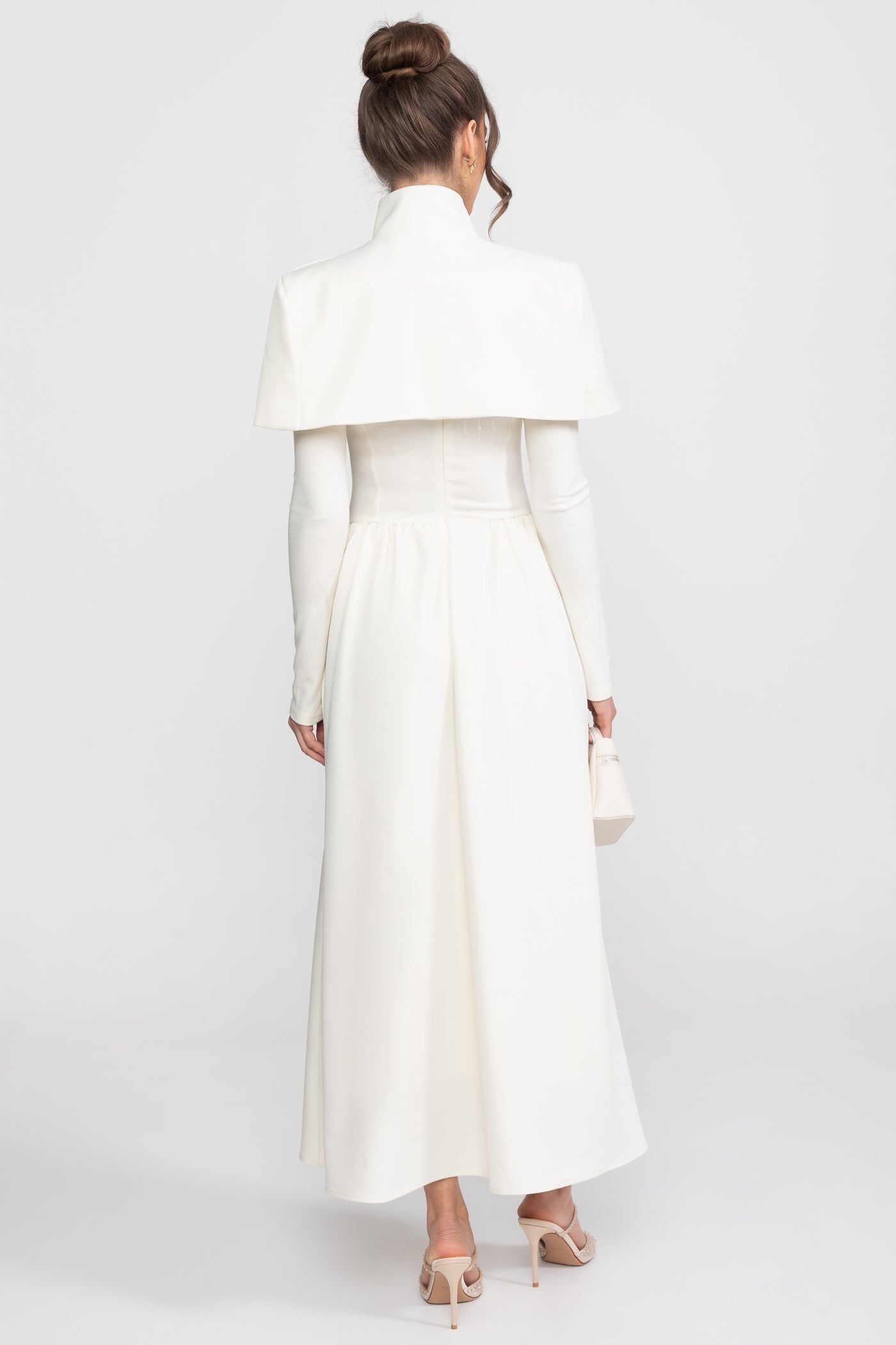 High-Neck Maxi Dress With Attached Capelet And Long Sleeves - White