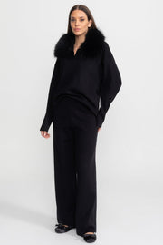 Elodie Black Knit Lounge Co-Ord Set with Fox Fur Collar