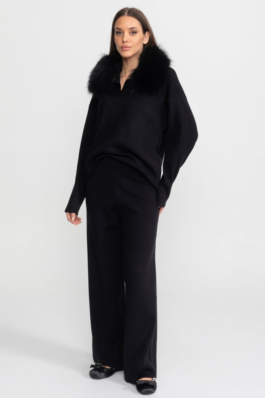 Elodie Black Knit Lounge Co-Ord Set with Fox Fur Collar