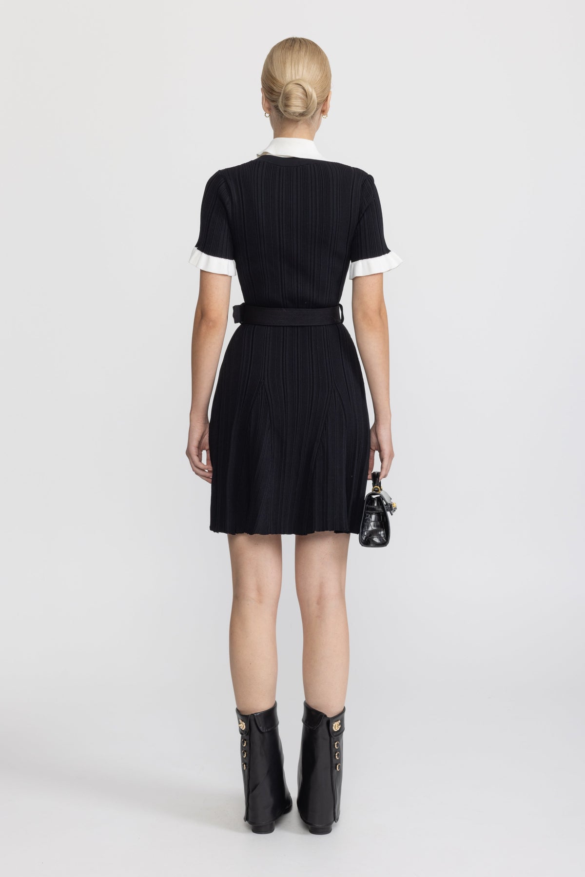 Ribbed Knit Contrast Collar Belted Mini Dress - Black