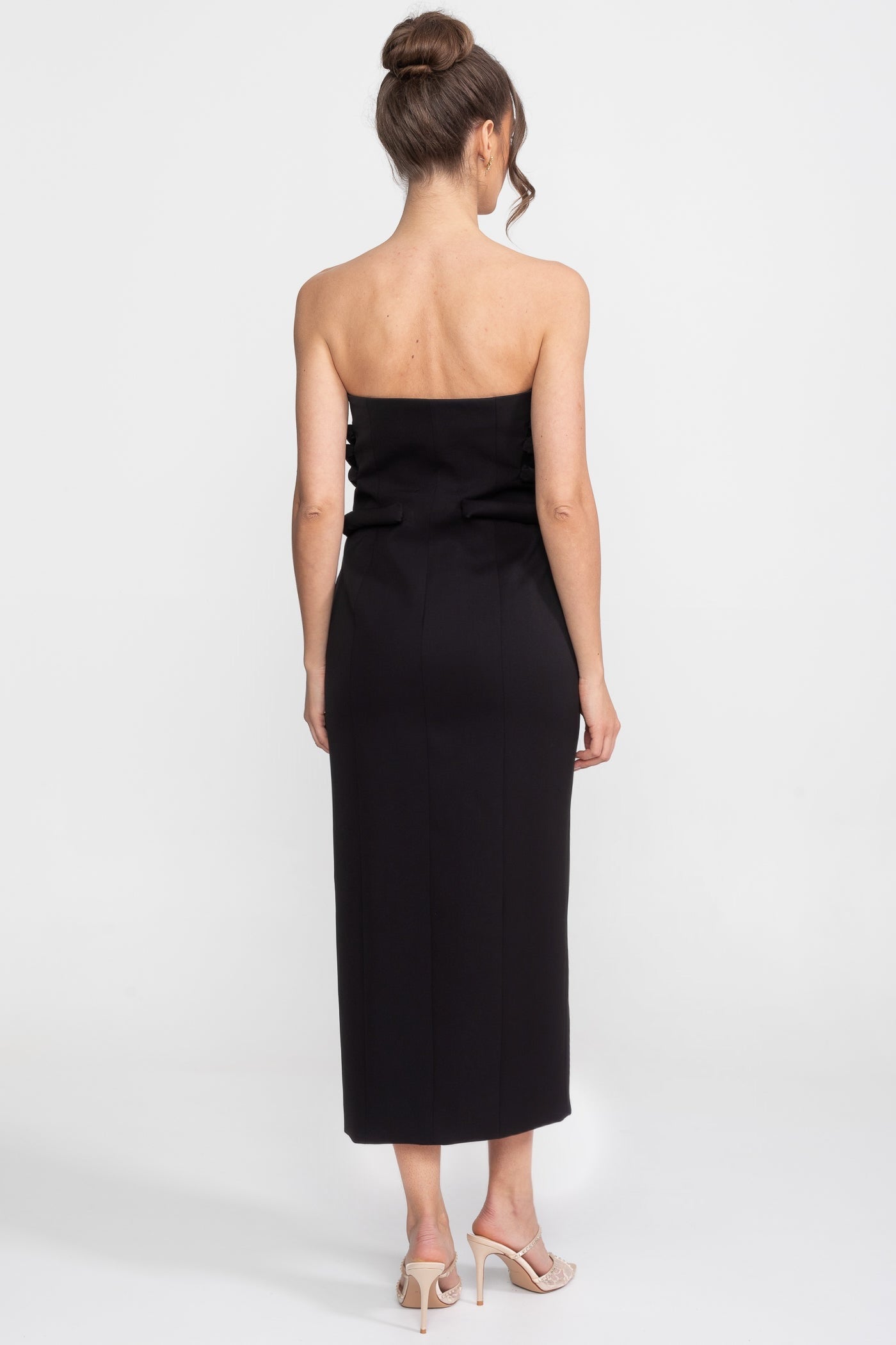 Black Midi Dress With Sculptural Knotted Bodice Detail And Jewel Buttons - Black