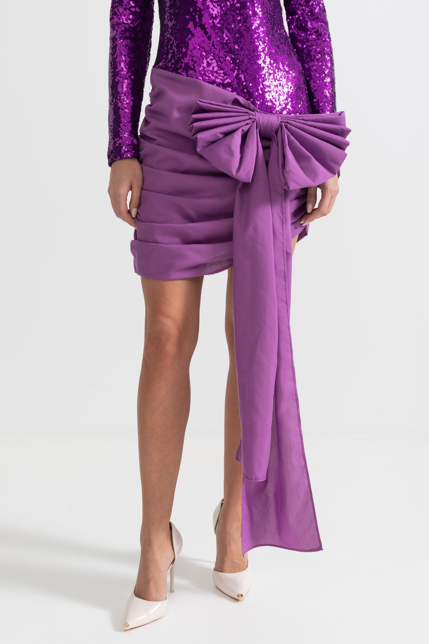Elegant Sequin Dress With Asymmetric Bow Detailing - Purple