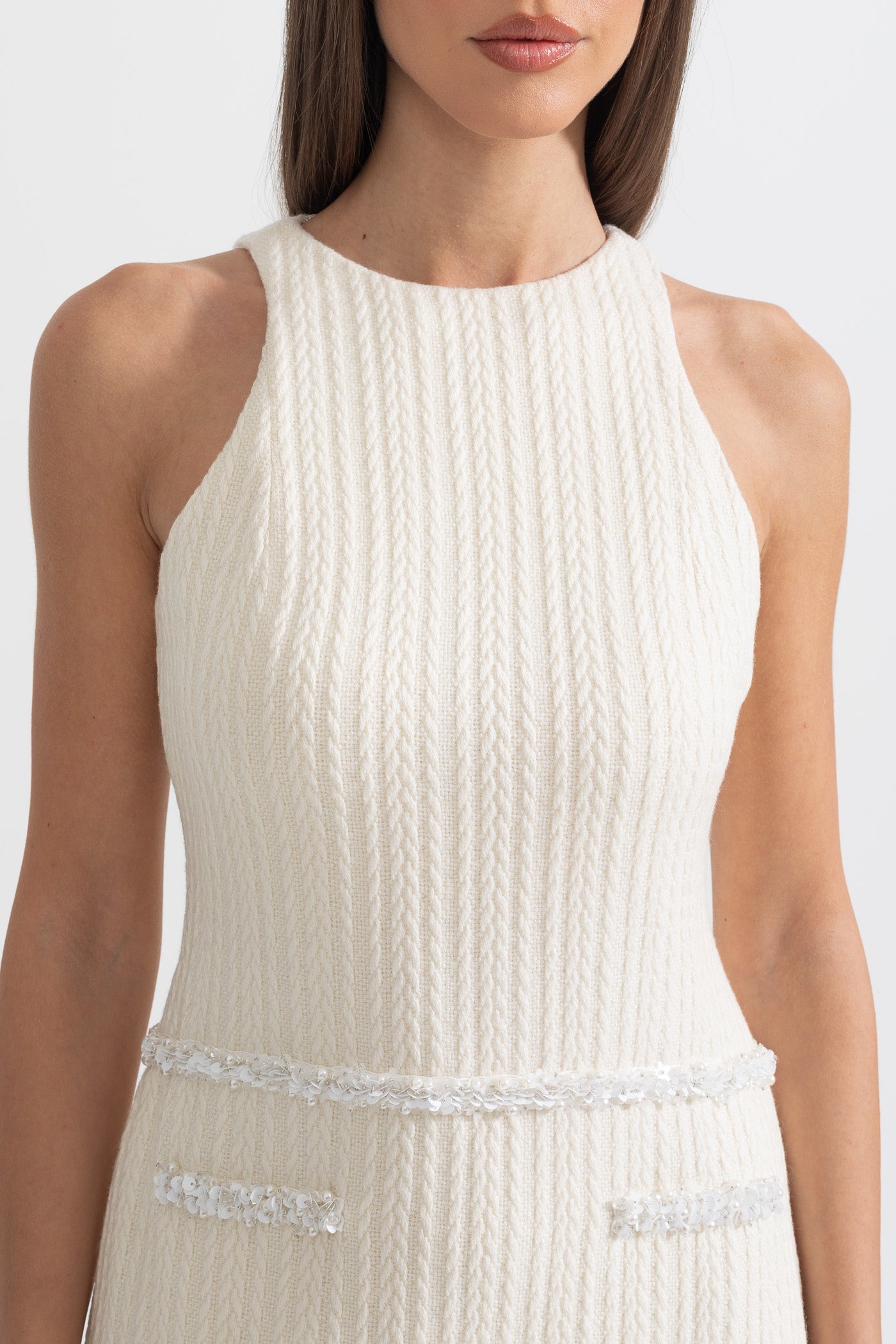 Elegant Sleeveless Textured Mini Dress- Ivoire