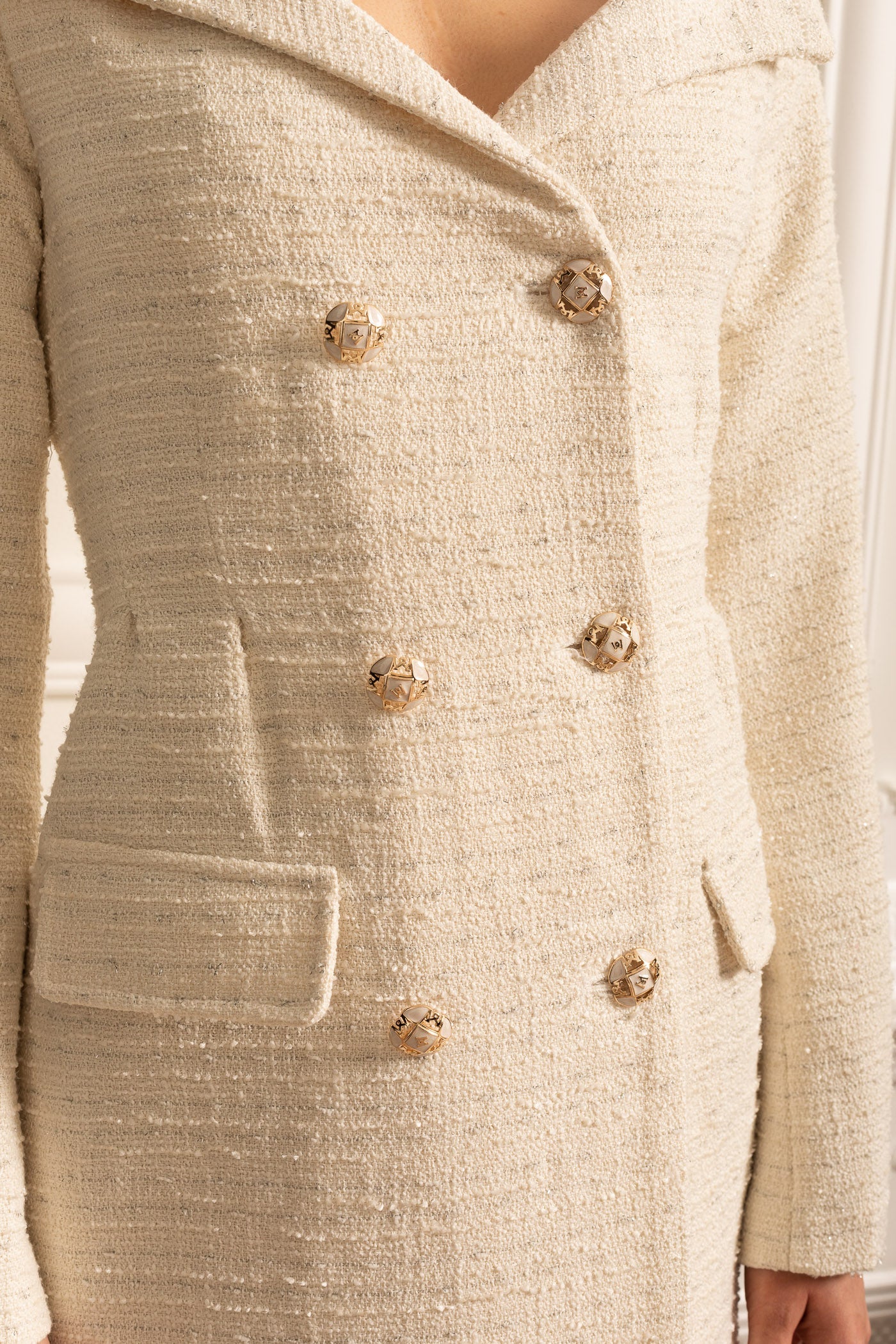 Double-Breasted Textured Dress With Decorative Gold Buttons - Beige