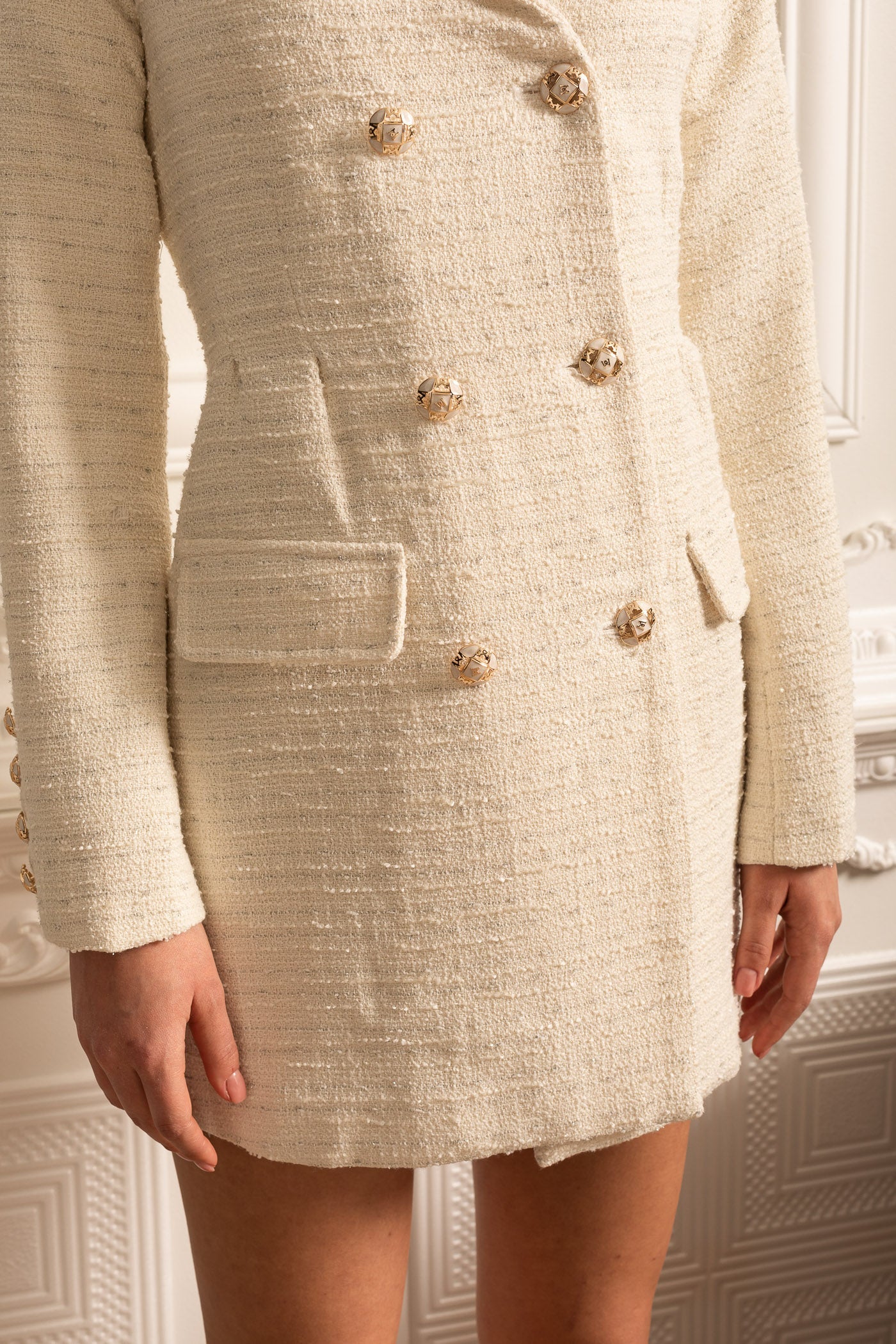 Double-Breasted Textured Dress With Decorative Gold Buttons - Beige