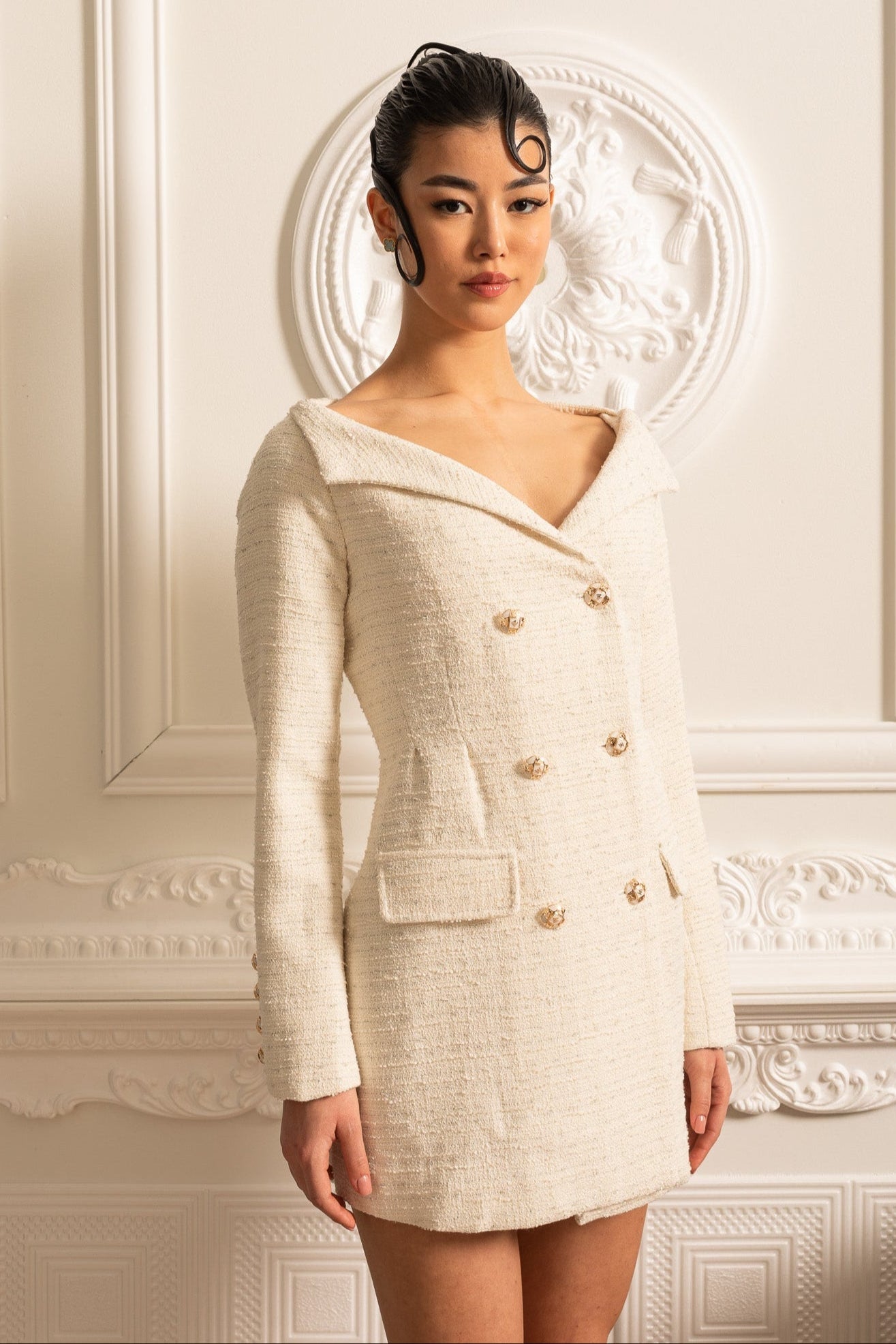 Double-Breasted Textured Dress With Decorative Gold Buttons - Beige