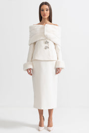 Two-Piece Ensemble With Faux Fur Shawl, Cuffs And Midi Skirt - White
