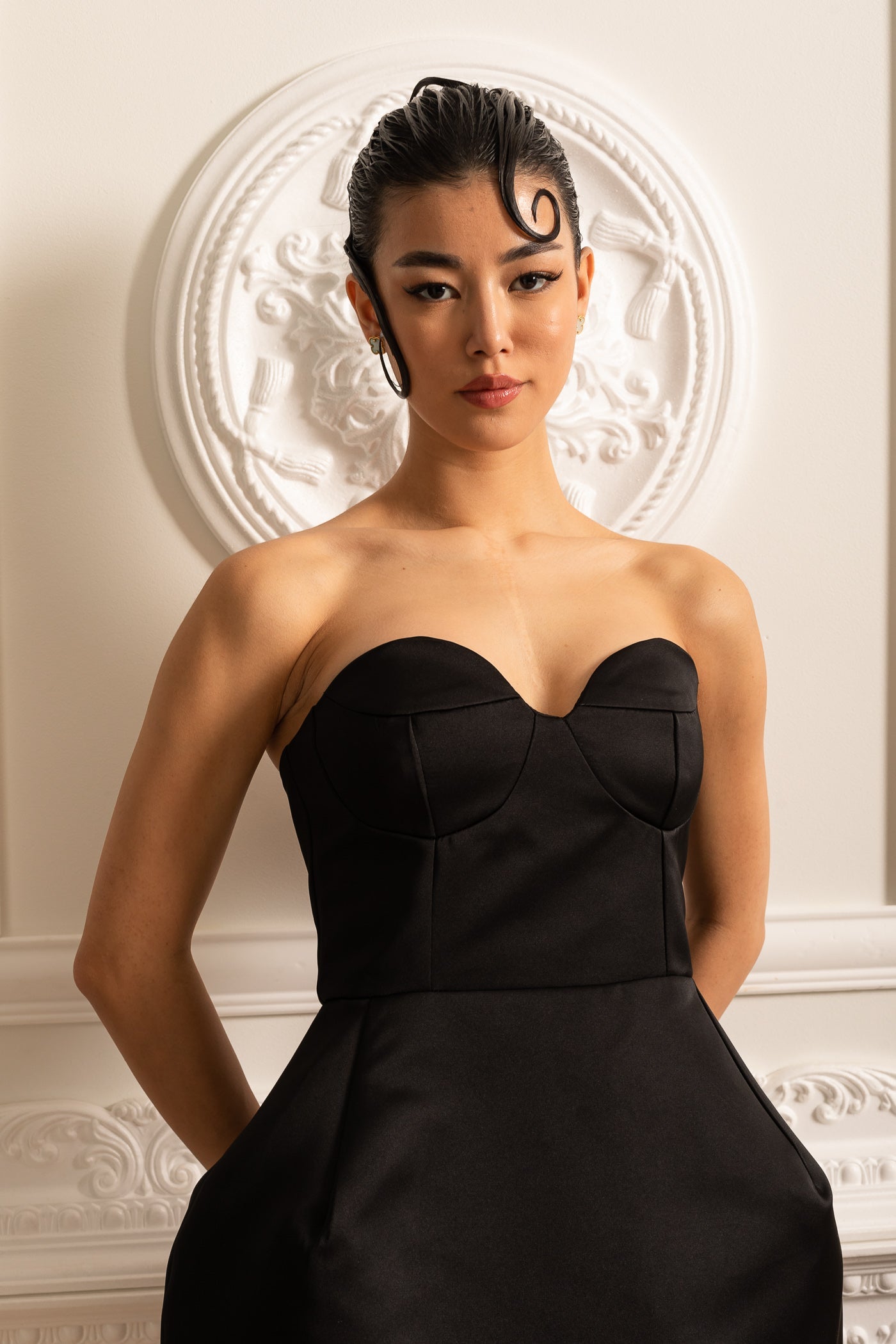Strapless Satin Dress With Flared Mini Skirt - Black