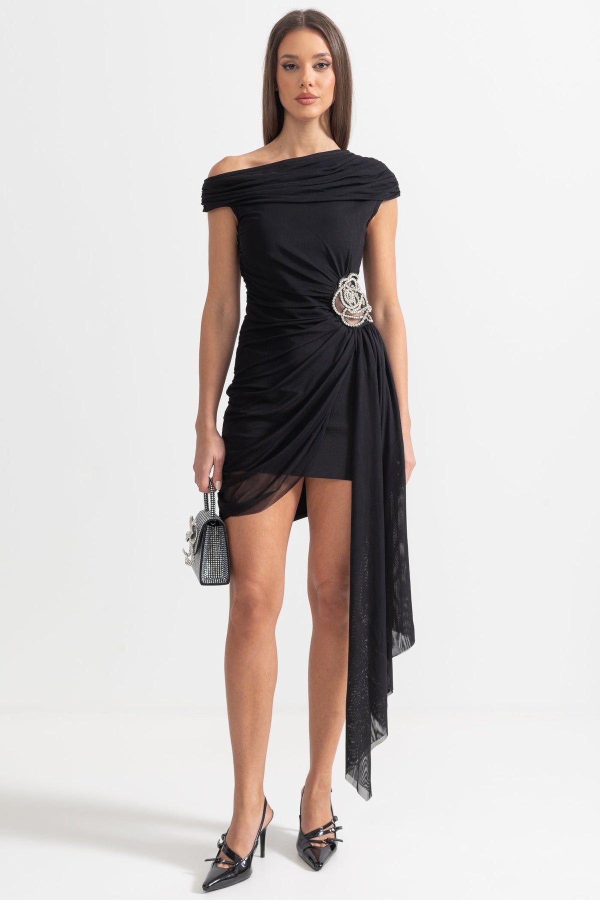 One-Shoulder Draped Dress With Silver Floral Brooch