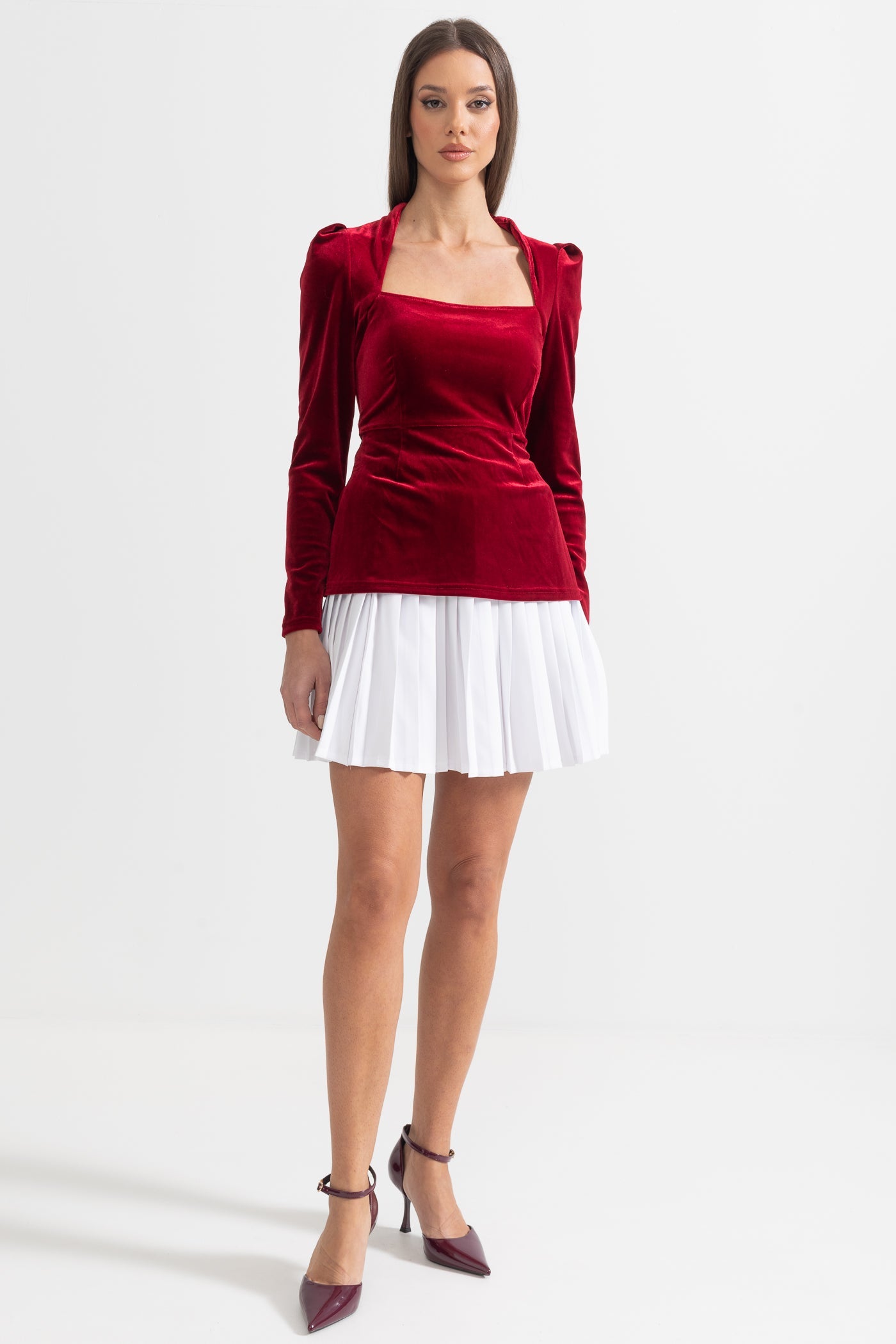 Two-Piece Velvet Ensemble With Contrasting Pleated Skirt - Red