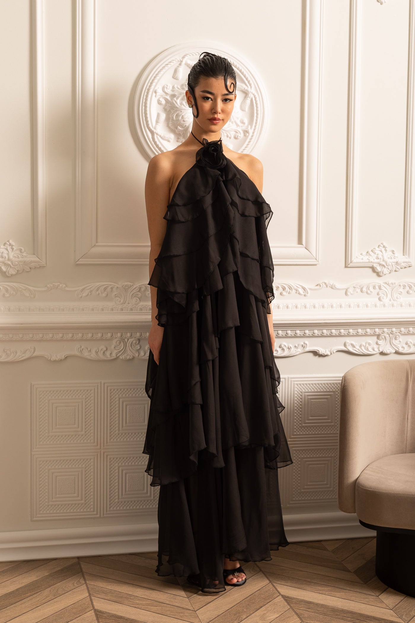 Layered Ruffle Halter Dress With Decorative Neckline Flower - Black