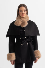 Double-Breasted Coat With Detachable Cape - Black