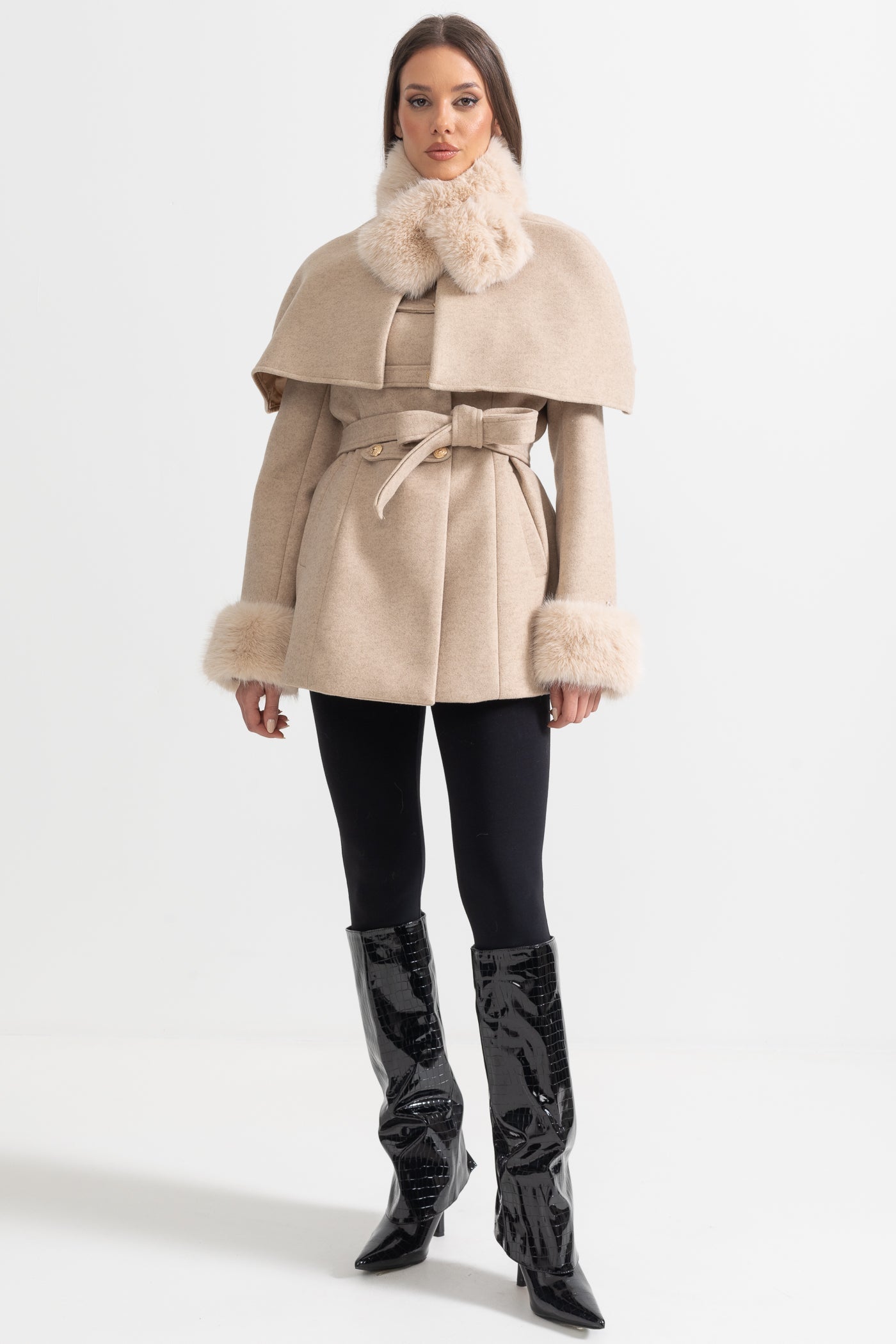Double-Breasted Coat With Detachable Cape - Beige