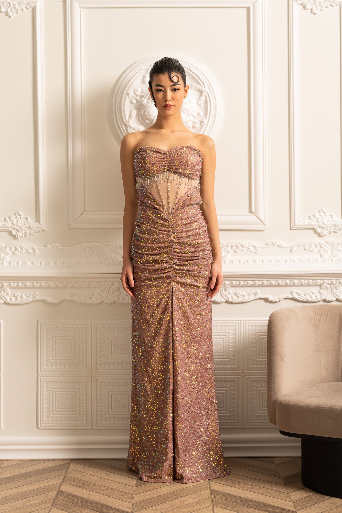Opulent Evening Gown With Sparkling Sequin Texture And Ruched Details - Beige