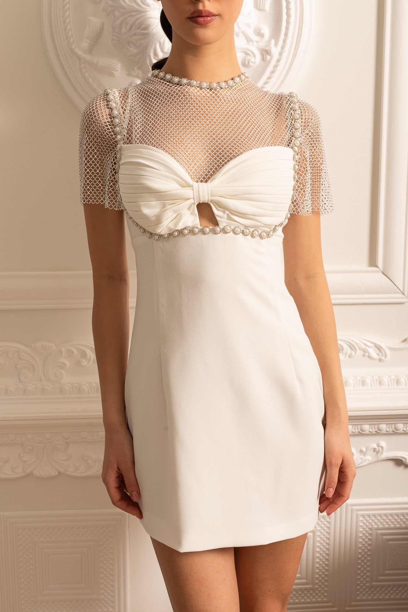 Elegant Mini Dress With Mesh Top  And Pearl Embellishments- White
