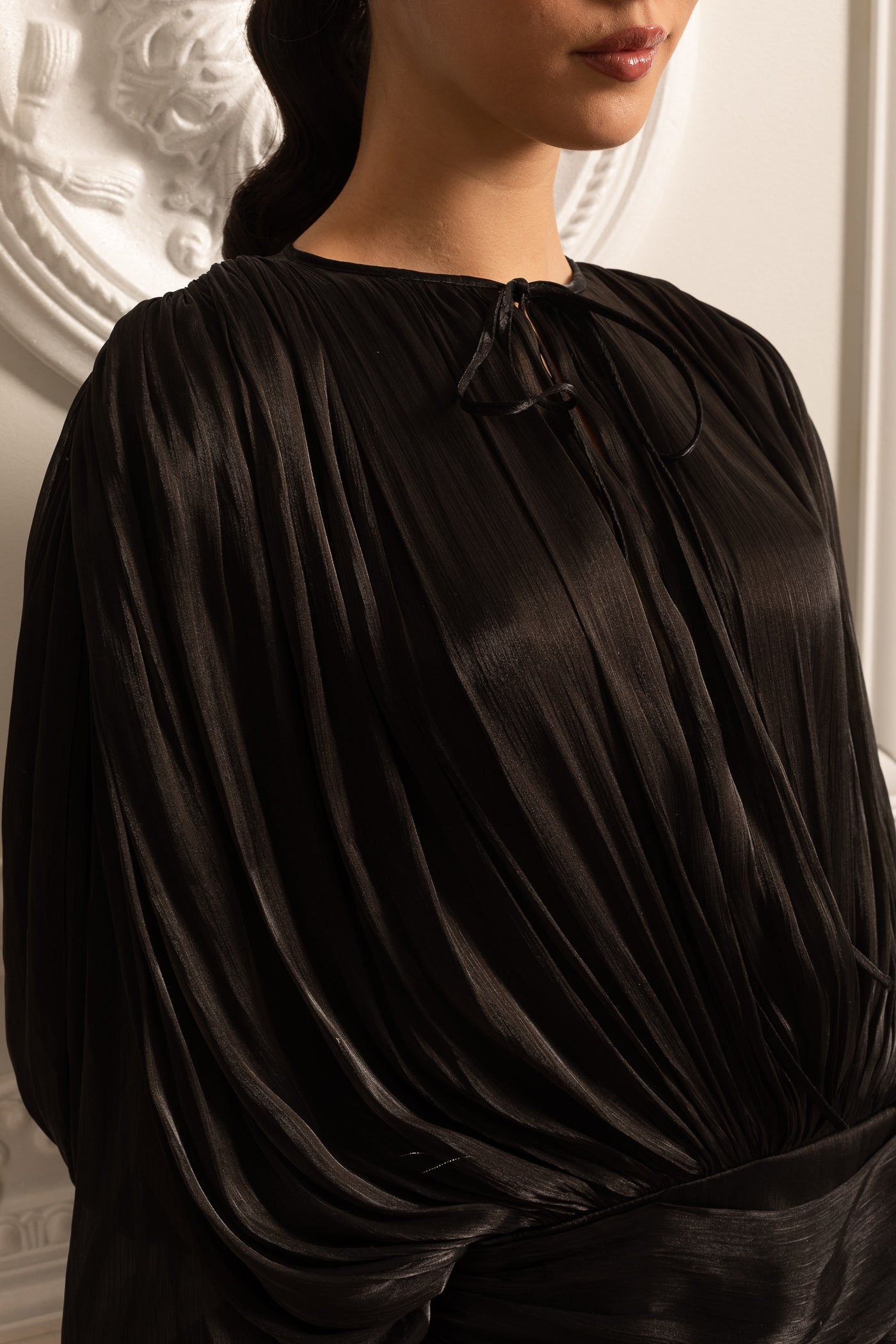 Draped Long-Sleeved Dress with Mini Skirt And Ruched Waistband - Black