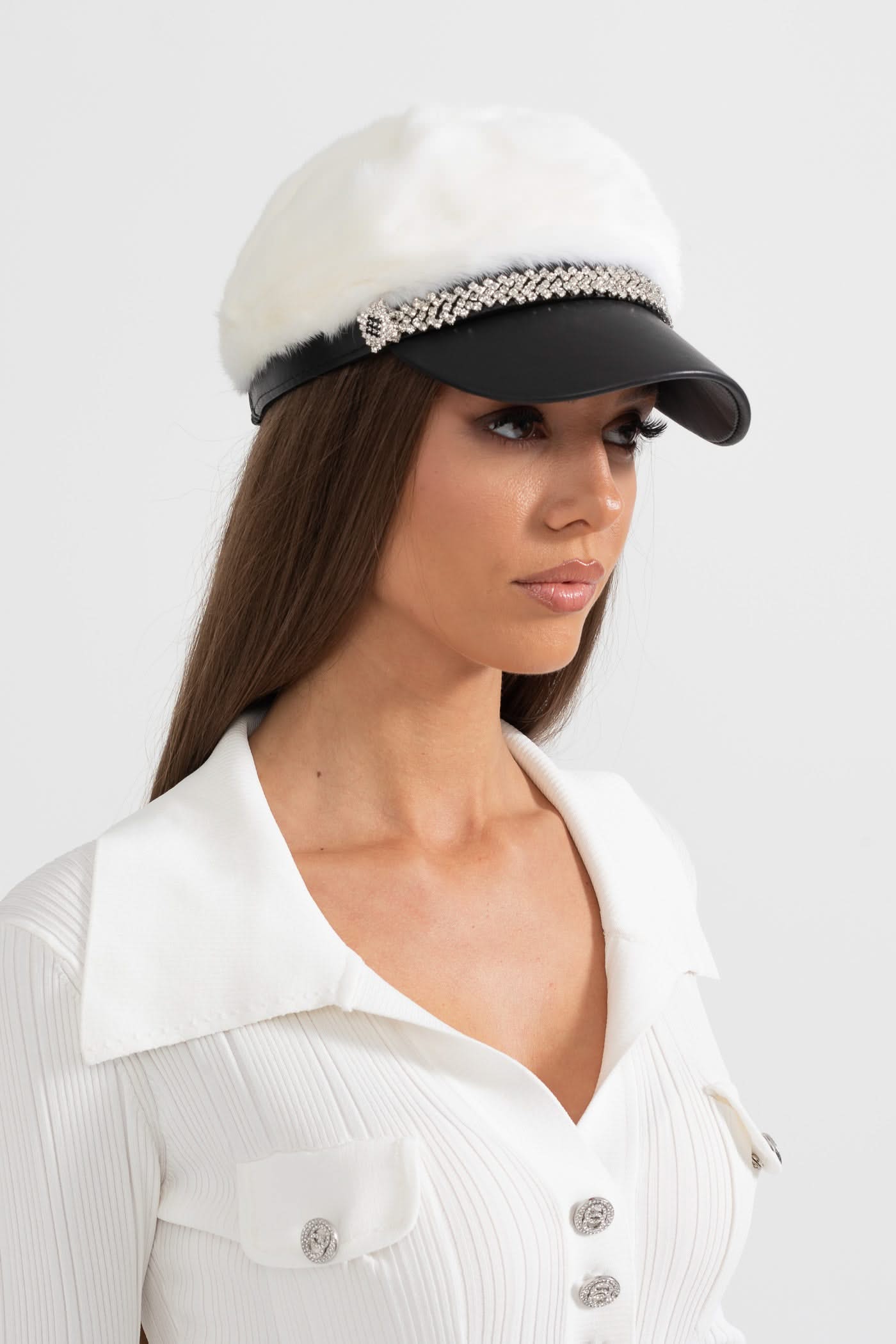 Mink Fur Hat With Leather Visor - White