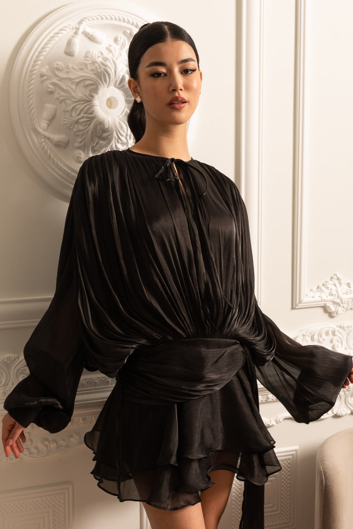 Draped Long-Sleeved Dress with Mini Skirt And Ruched Waistband - Black