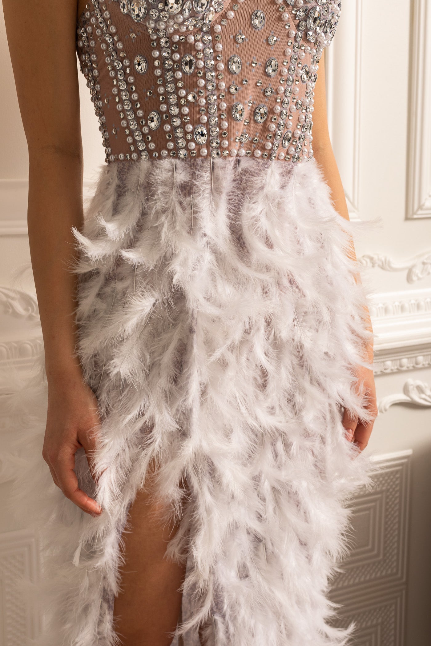 Sequined Strapless Dress With Luxurious Feather Adornments - Beige