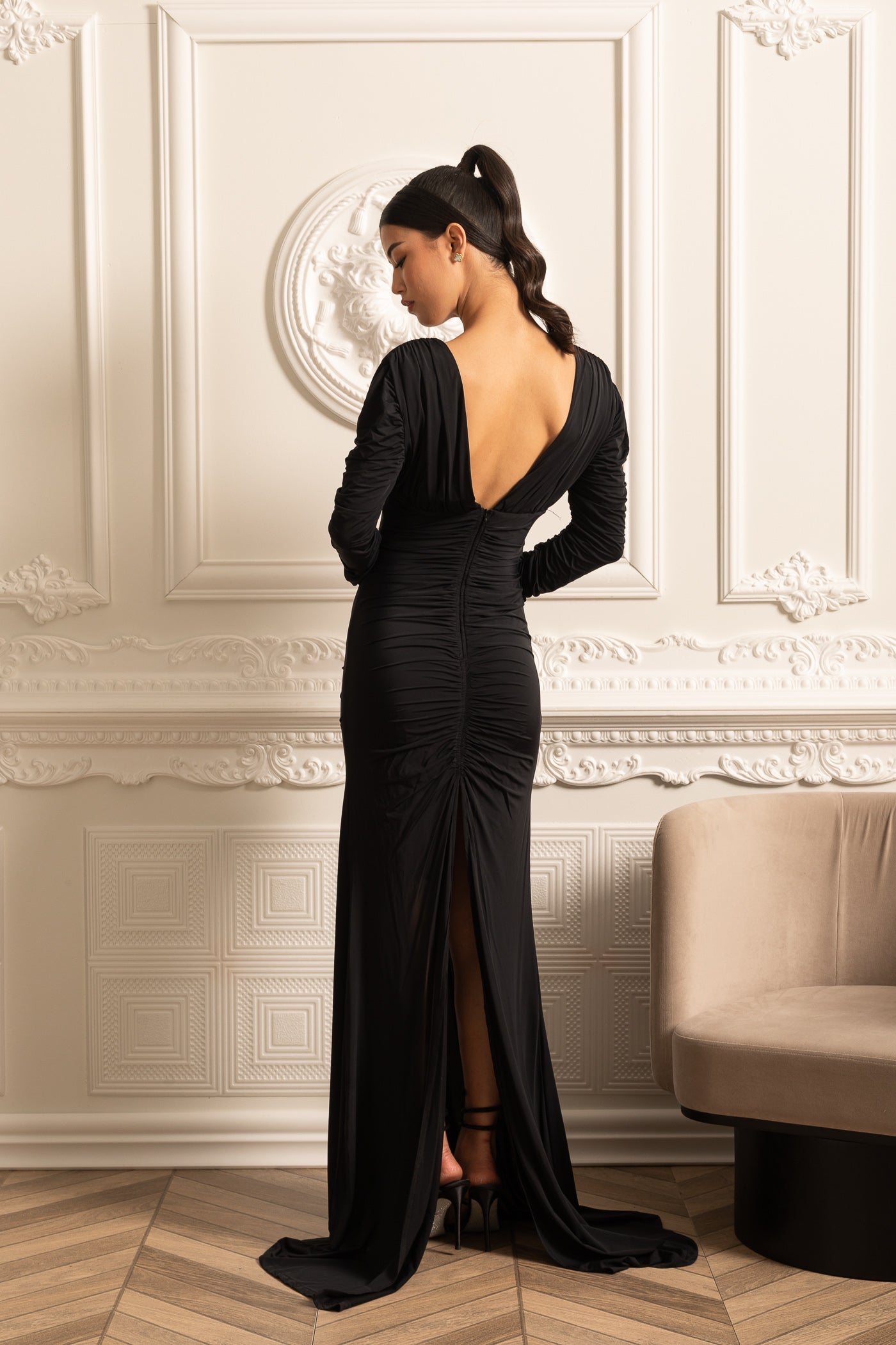 Elegant Ruched Dress With Deep Neckline - Black