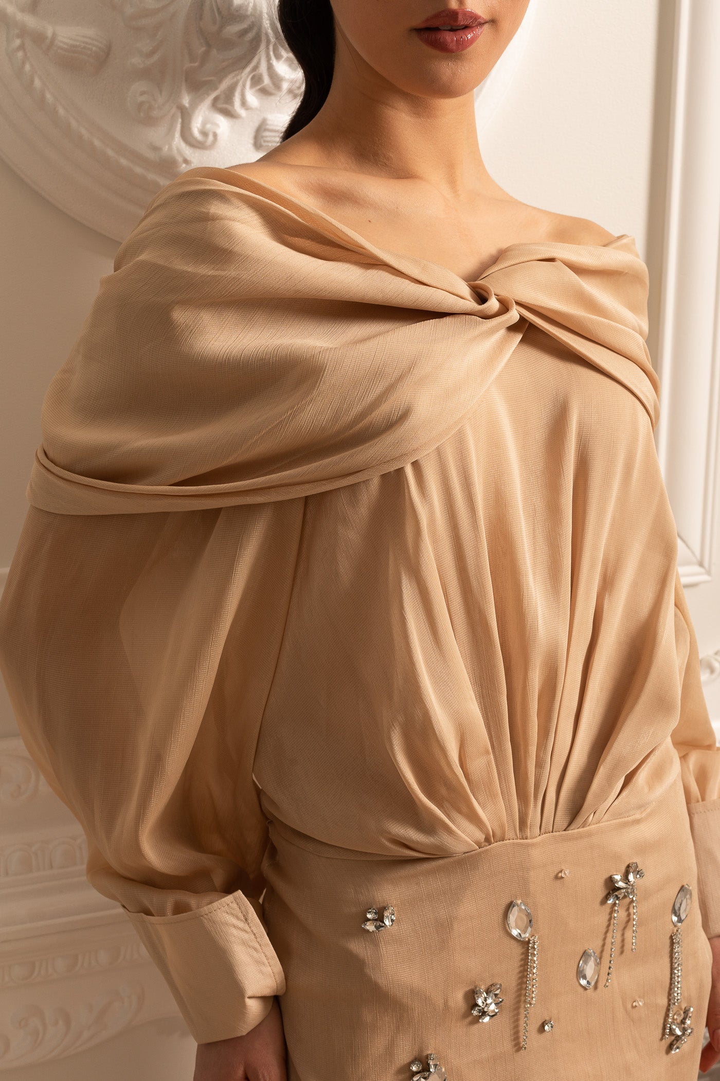 Off-Shoulder Draping Dress With Long Sleeves And Sparkling Embellishments - Beige