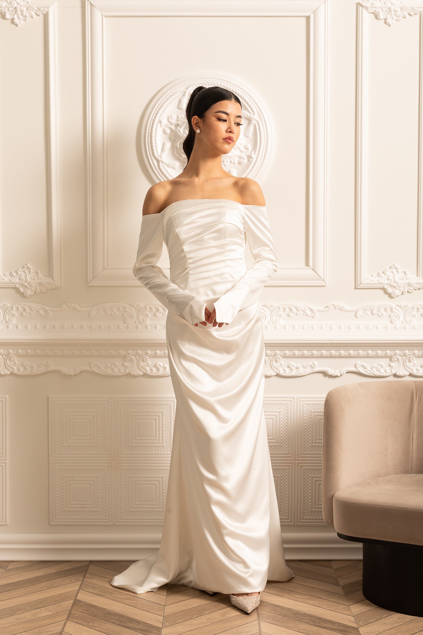 Off-Shoulder Satin Dress With Ruched Design And Draping Skirt - White