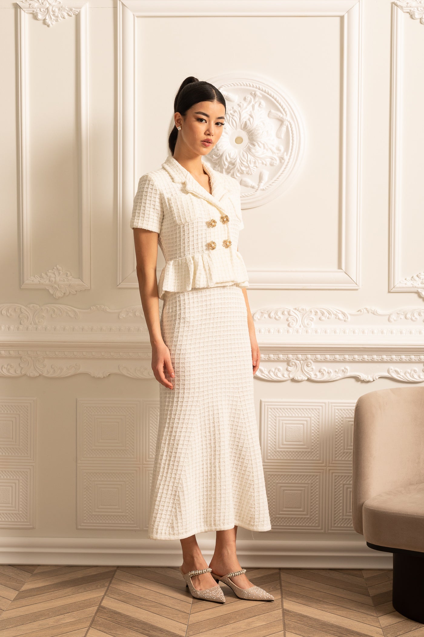 Knitted Midi Dress With Gold Buttons And Peplum Waist - White