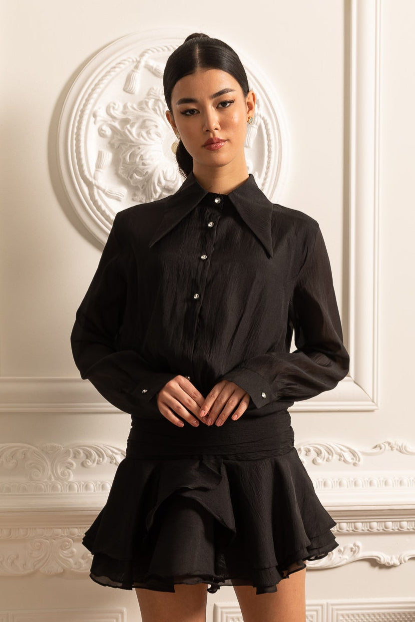 Button-Up Shirt With Cinched Waist - Black