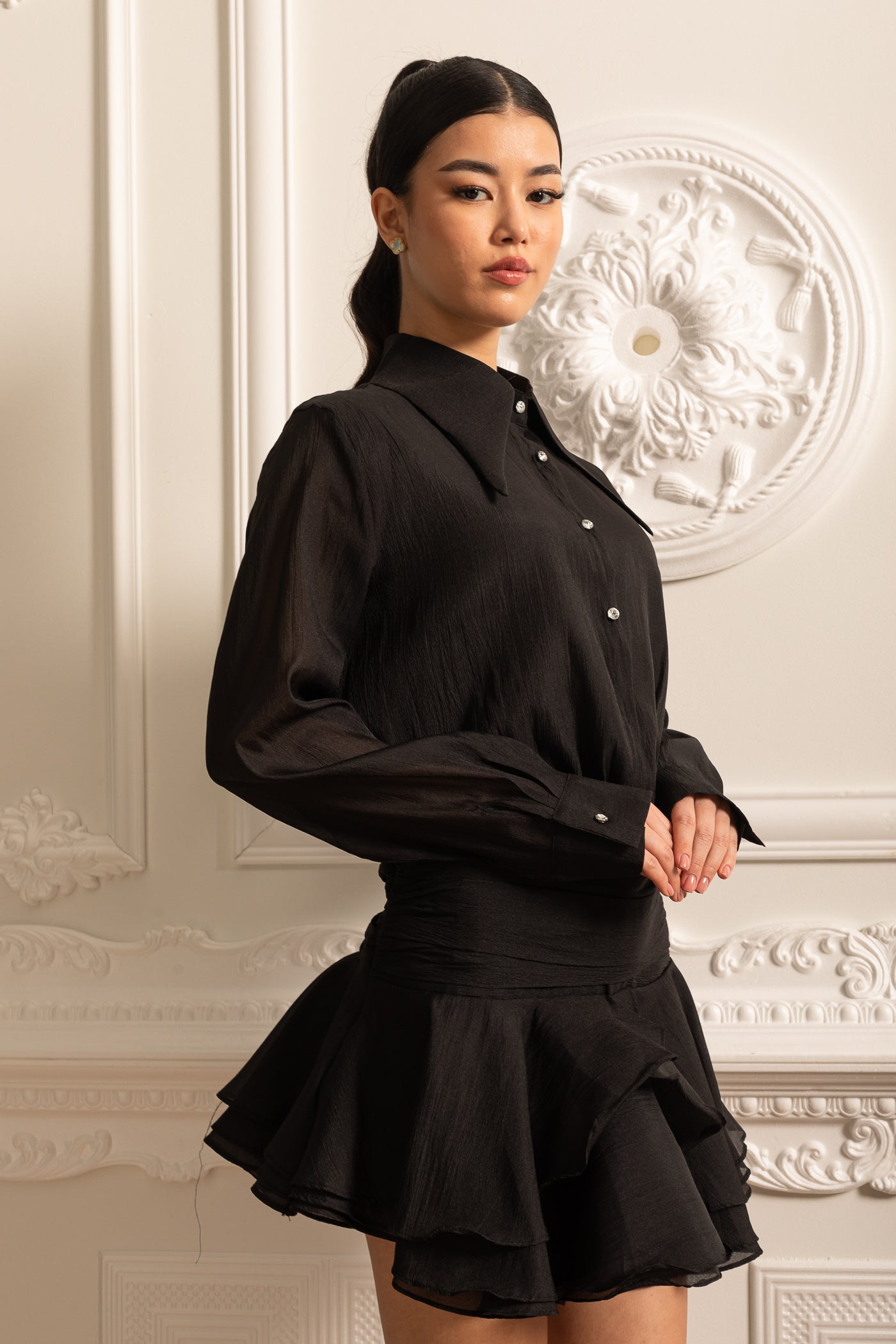 Button-Up Shirt With Cinched Waist - Black