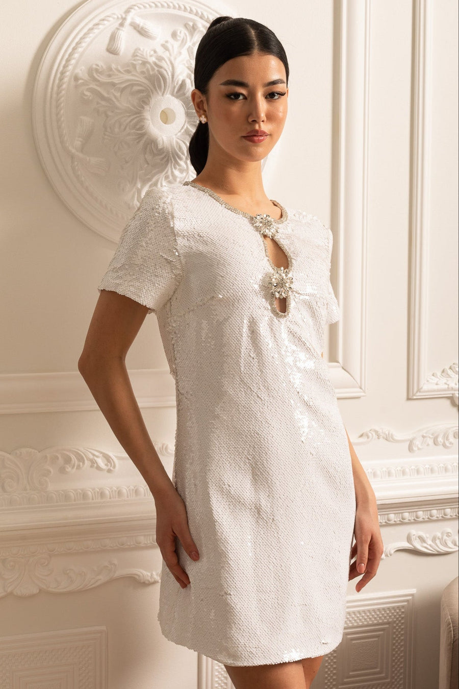 Sequin Mini Dress With Floral Brooches And Sparkling Neckline - White