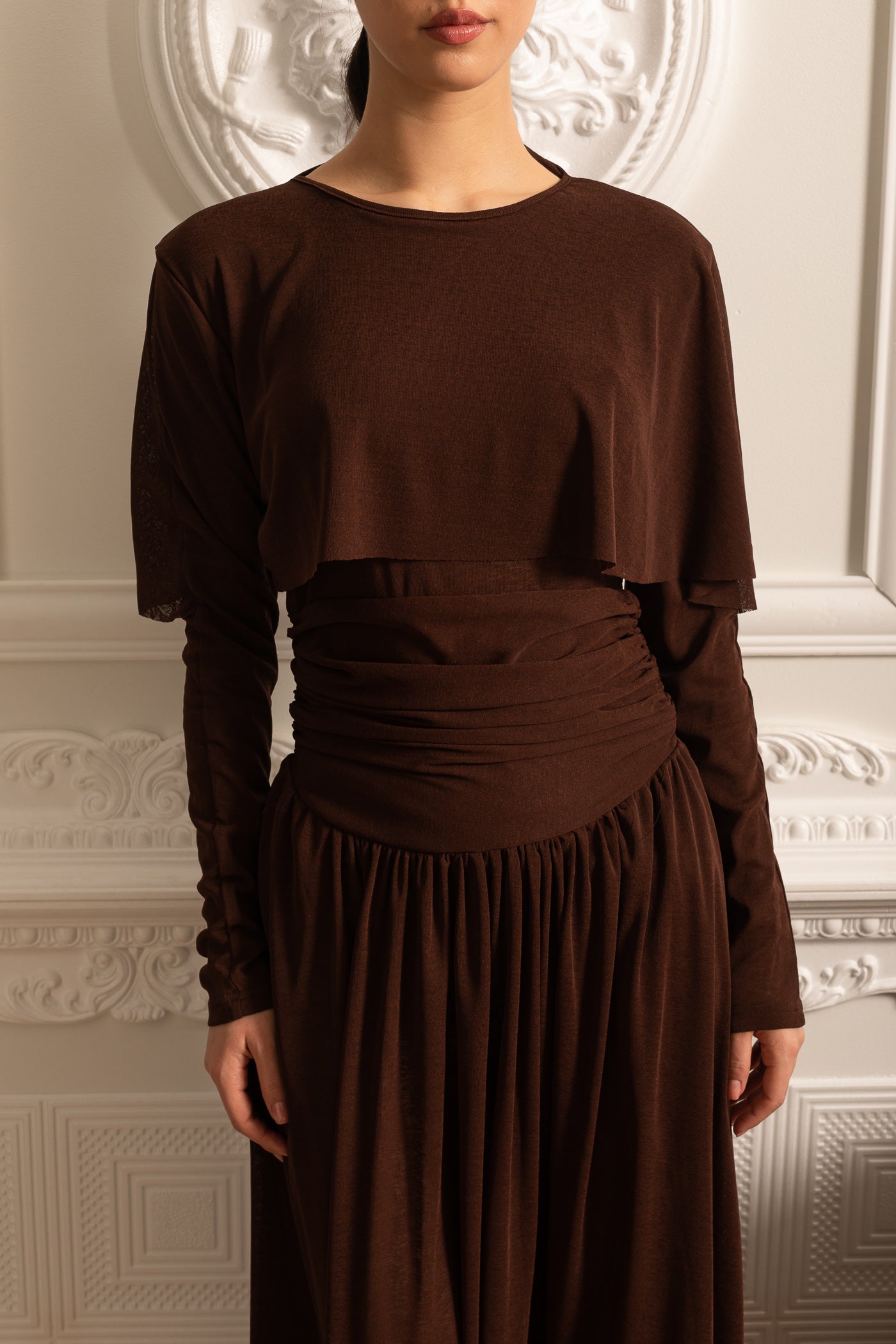 Elegant Dress With Ruched Waist, Pleated Maxi Skirt And Cape-Like Layered Top - Brown