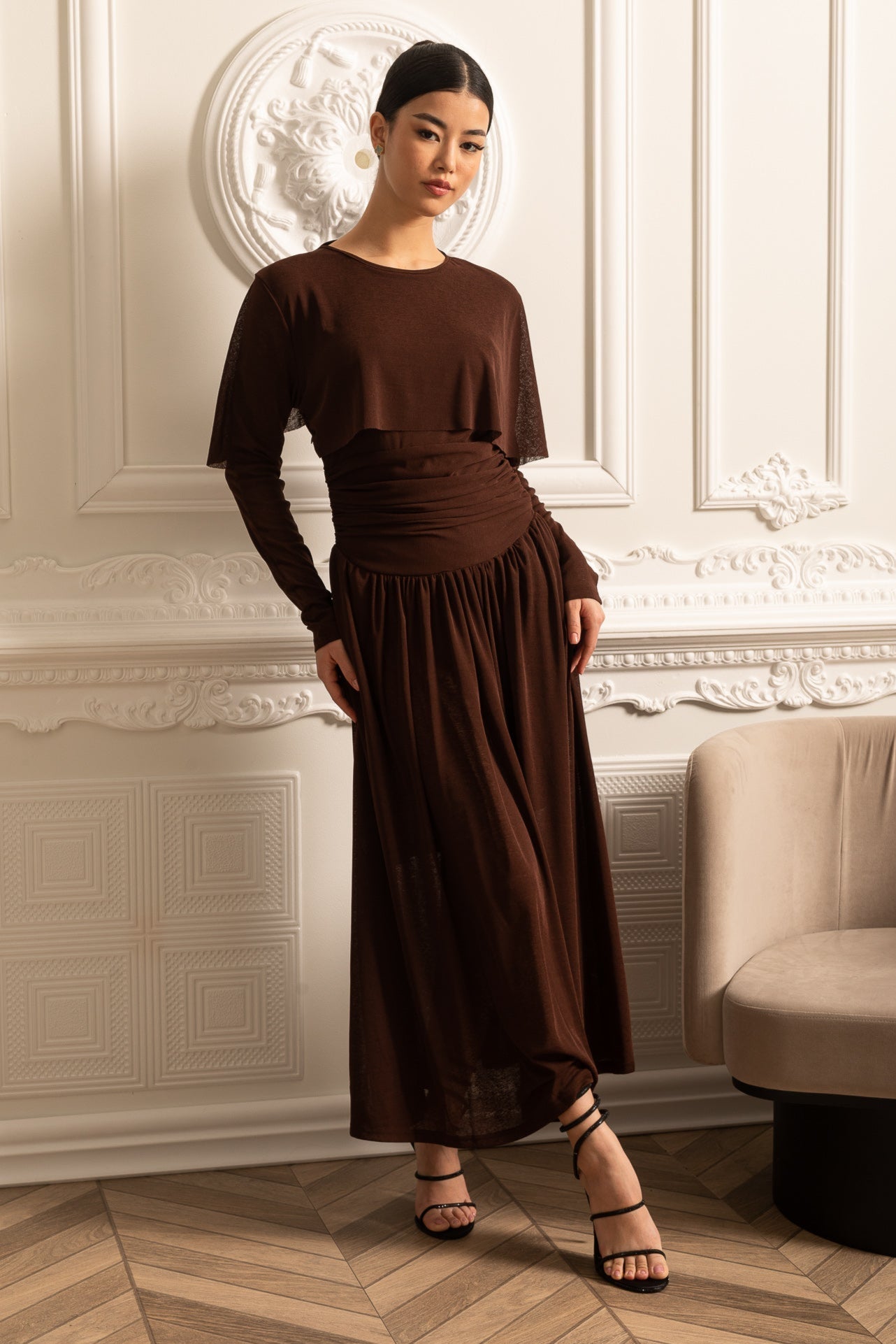 Elegant Dress With Ruched Waist, Pleated Maxi Skirt And Cape-Like Layered Top - Brown