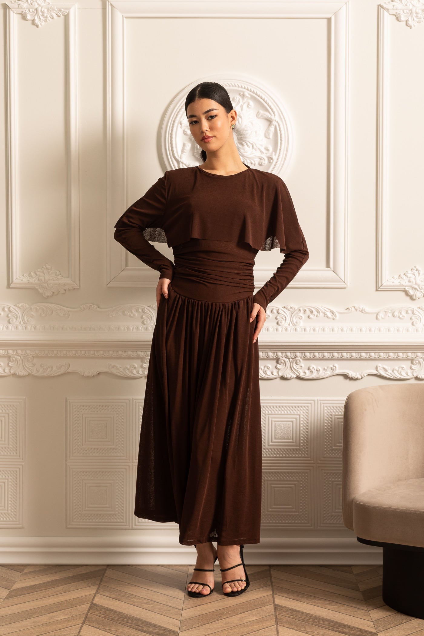 Elegant Dress With Ruched Waist, Pleated Maxi Skirt And Cape-Like Layered Top - Brown
