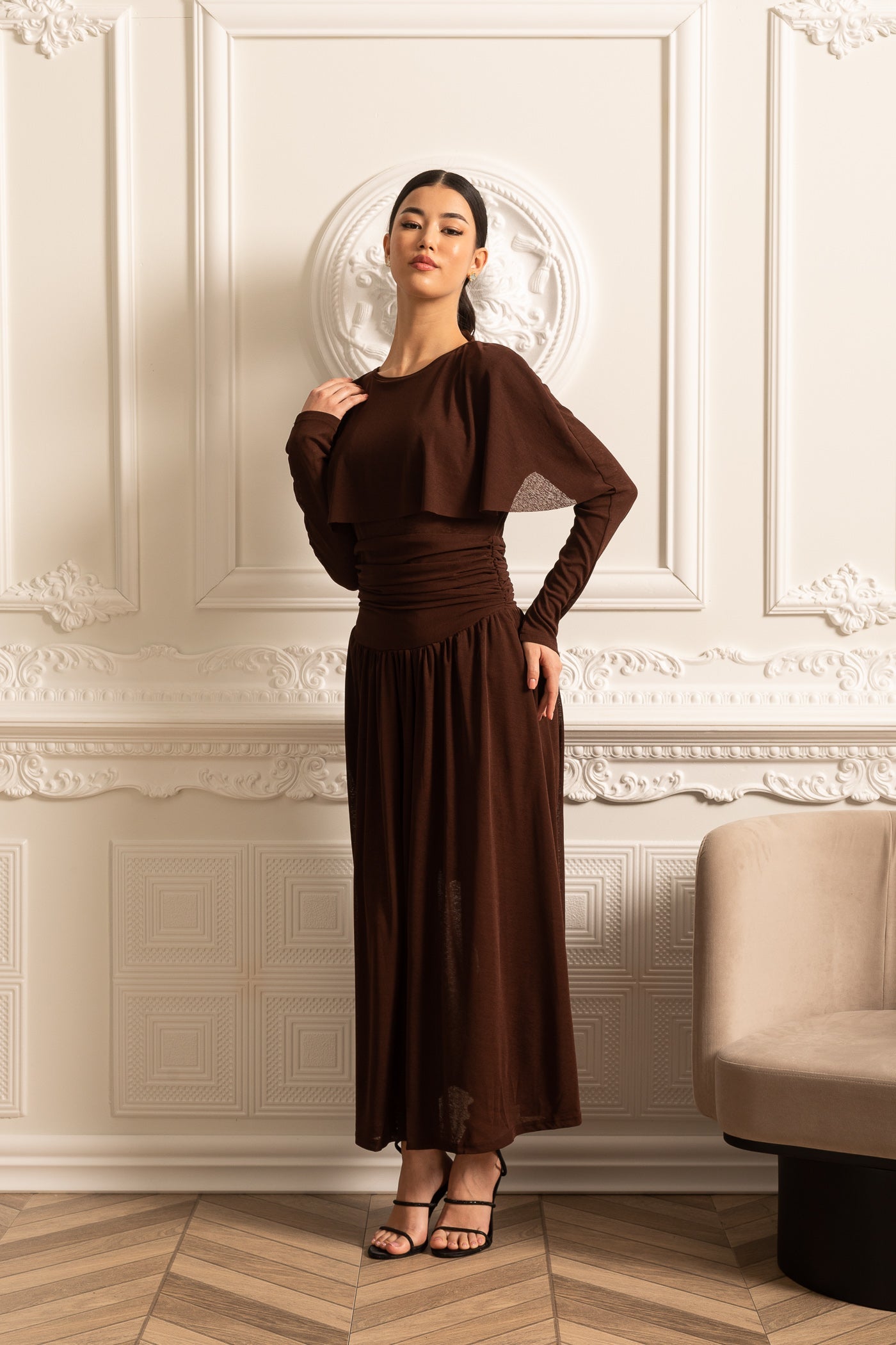 Elegant Dress With Ruched Waist, Pleated Maxi Skirt And Cape-Like Layered Top - Brown