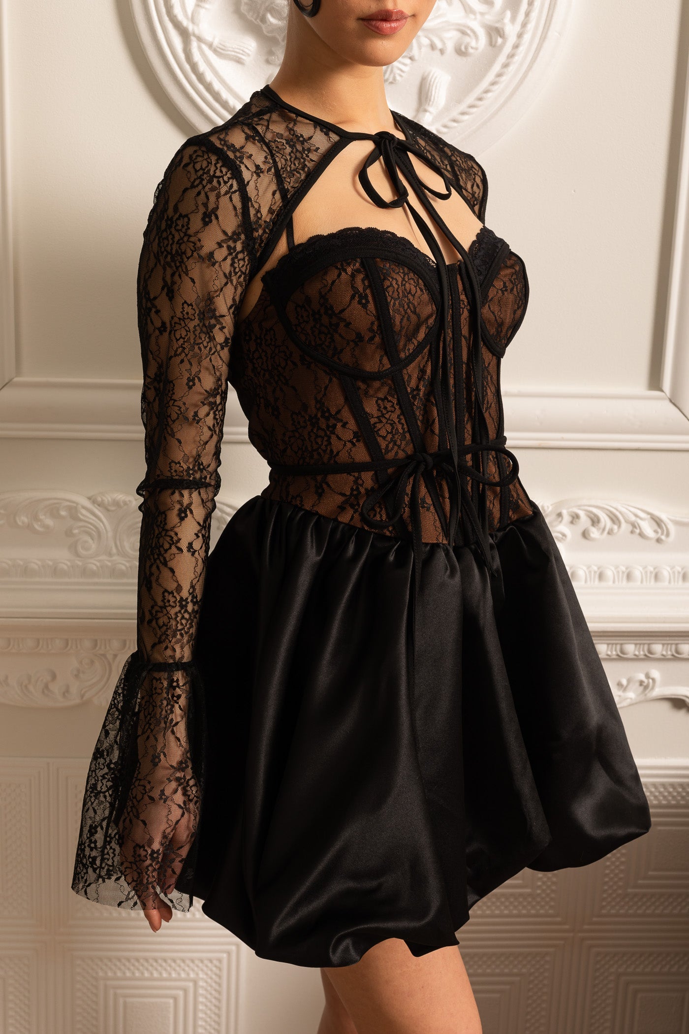 Lace Corset Mini Dress With Ribbon Tie Neckline - Black