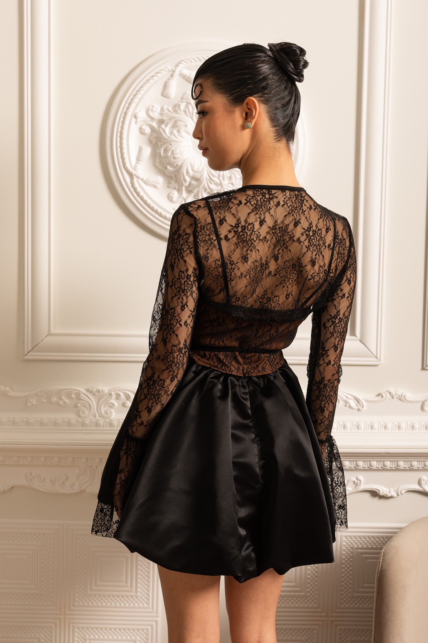 Lace Corset Mini Dress With Ribbon Tie Neckline - Black
