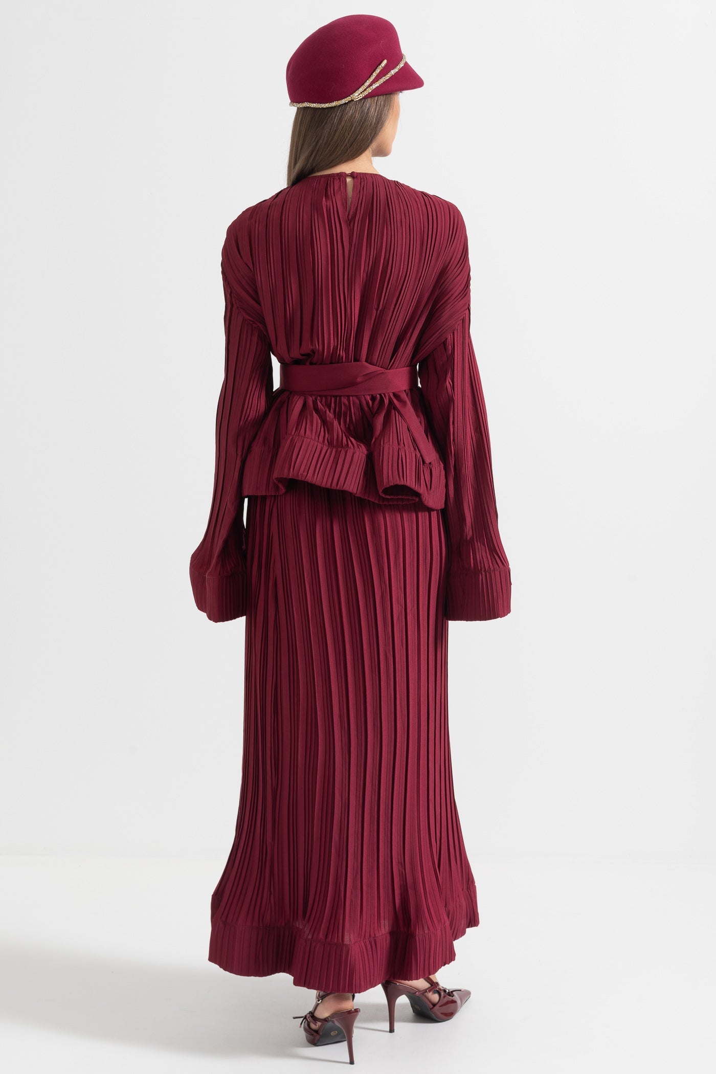 Elegant Ensemble With Pleated Top And Maxi Skirt - Burgundy