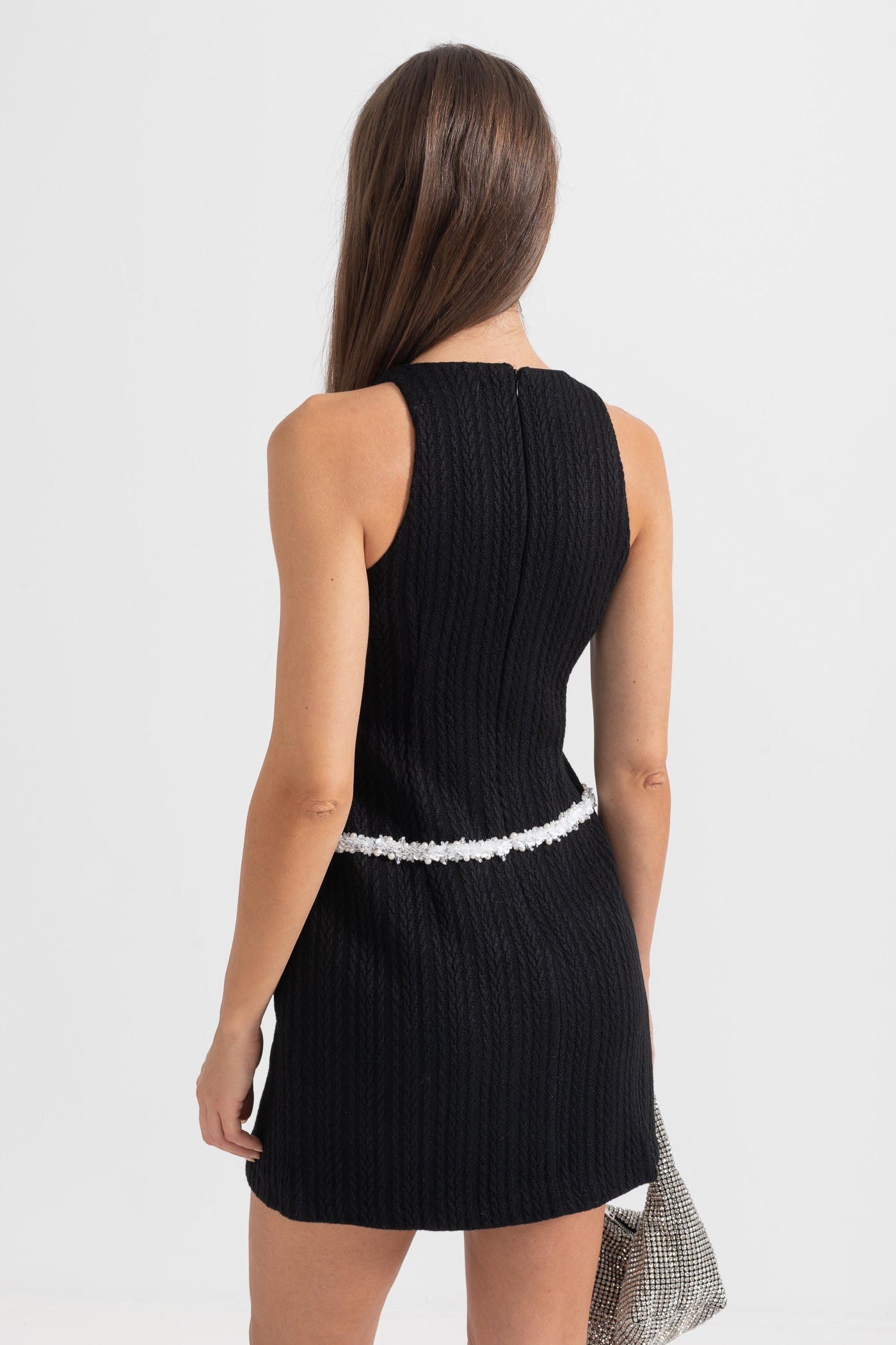 Elegant Sleeveless Textured Mini Dress- Black