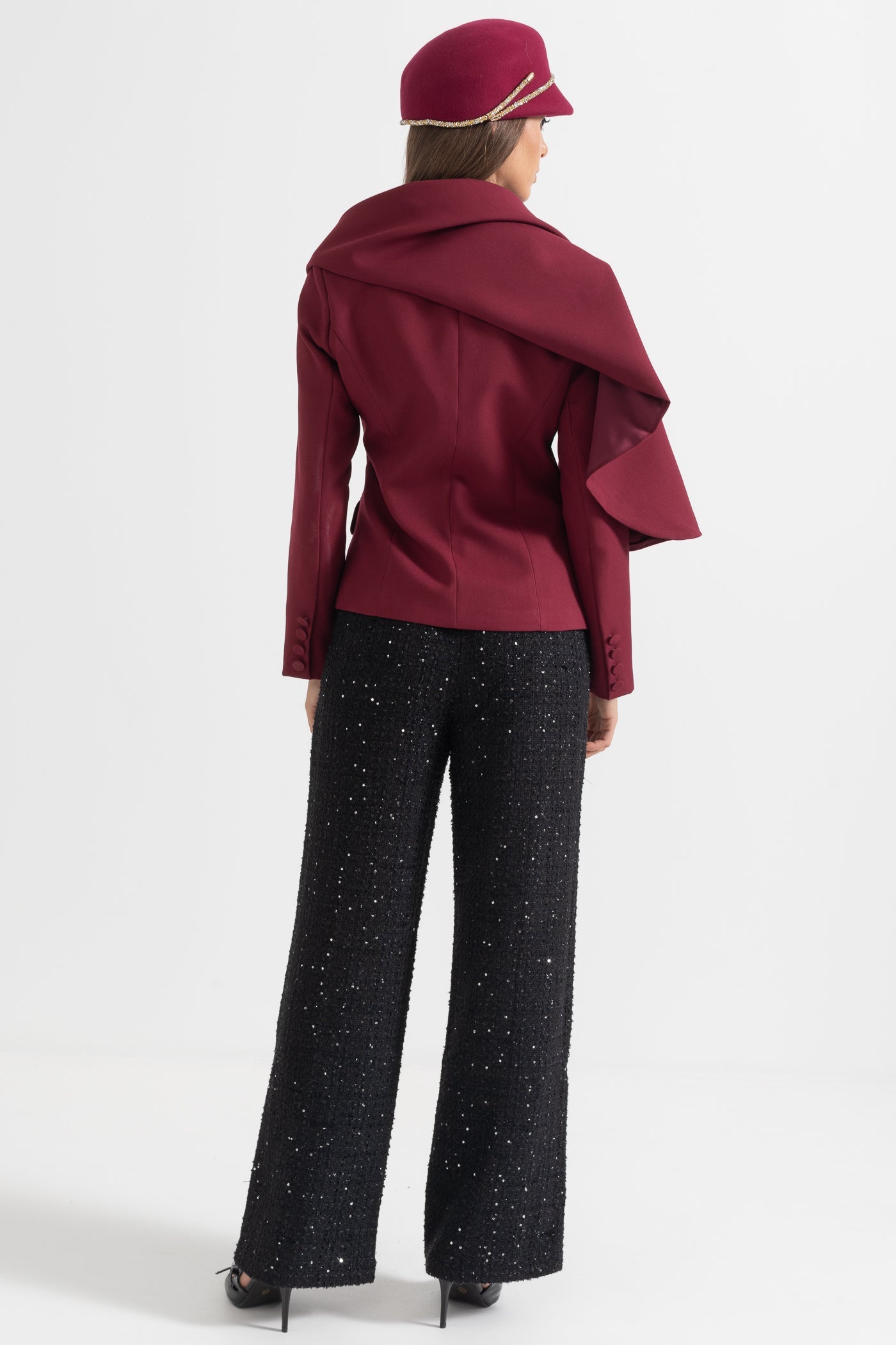 Modern Blazer With Asymmetrical Draped Scarf - Burgundy