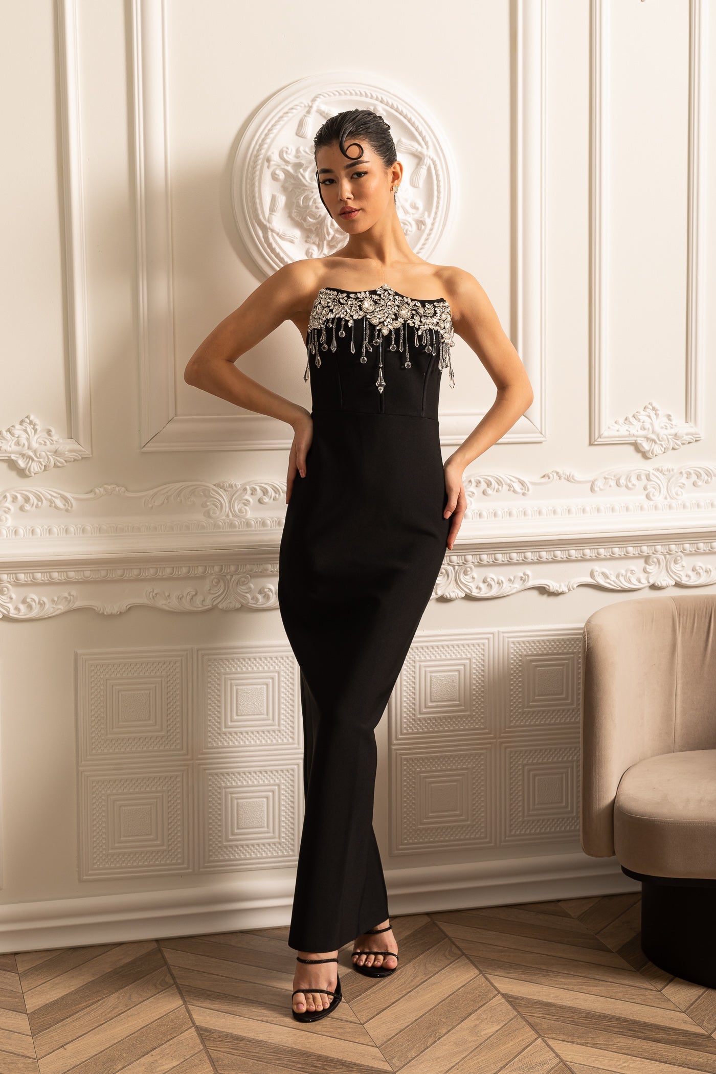 Elegant Fitted Corset Dress With Sparkling Silver Embellishments - Black