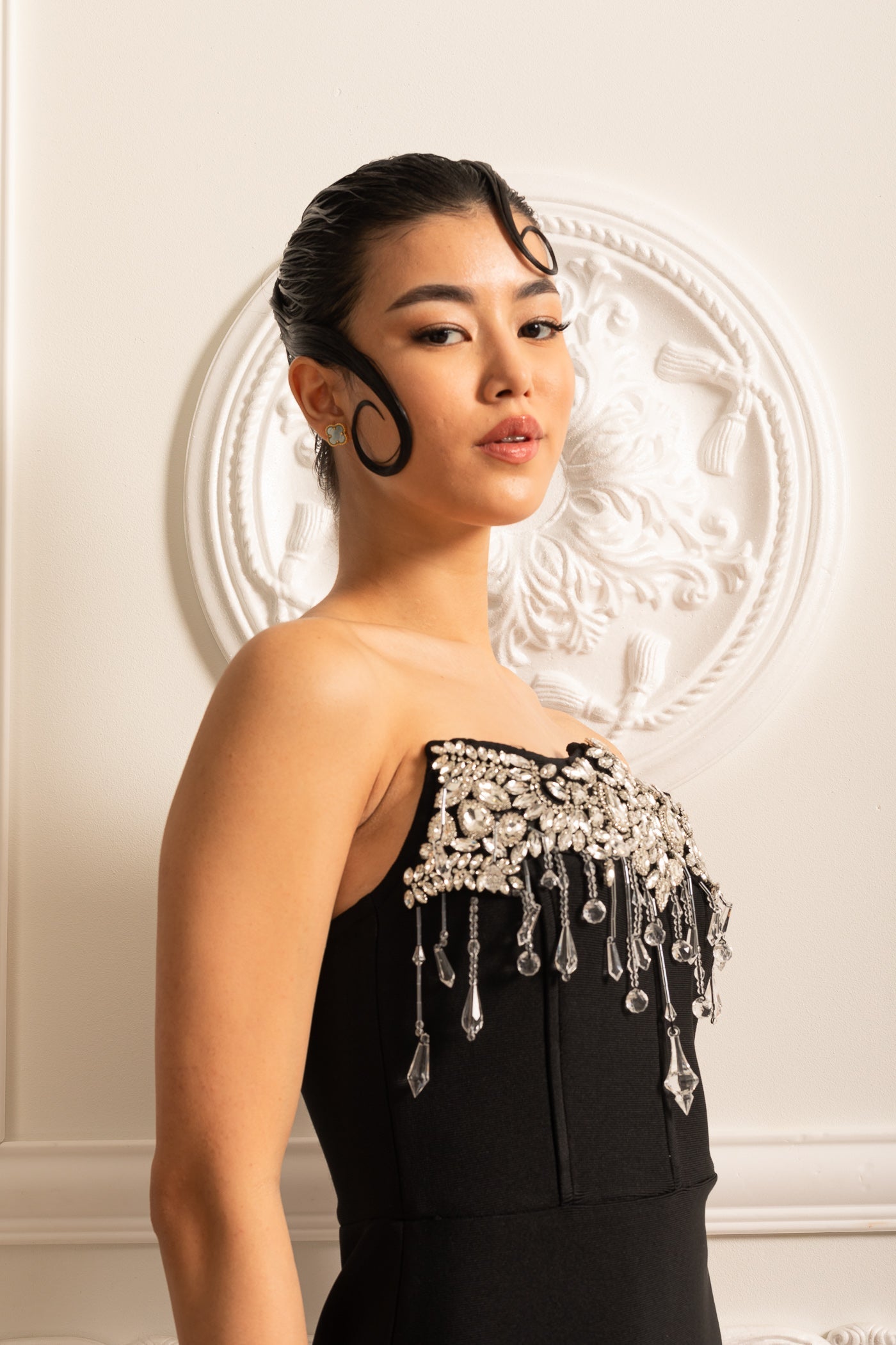 Elegant Fitted Corset Dress With Sparkling Silver Embellishments - Black