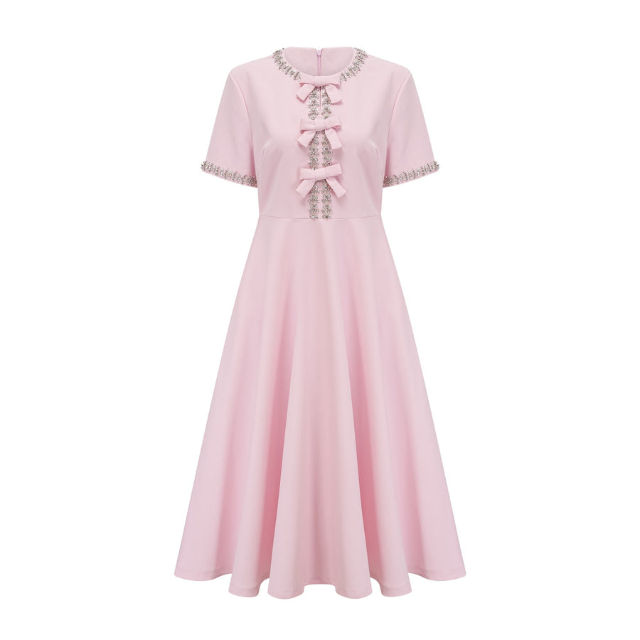 Cassiopeia crystal-accented pink bow midi dress