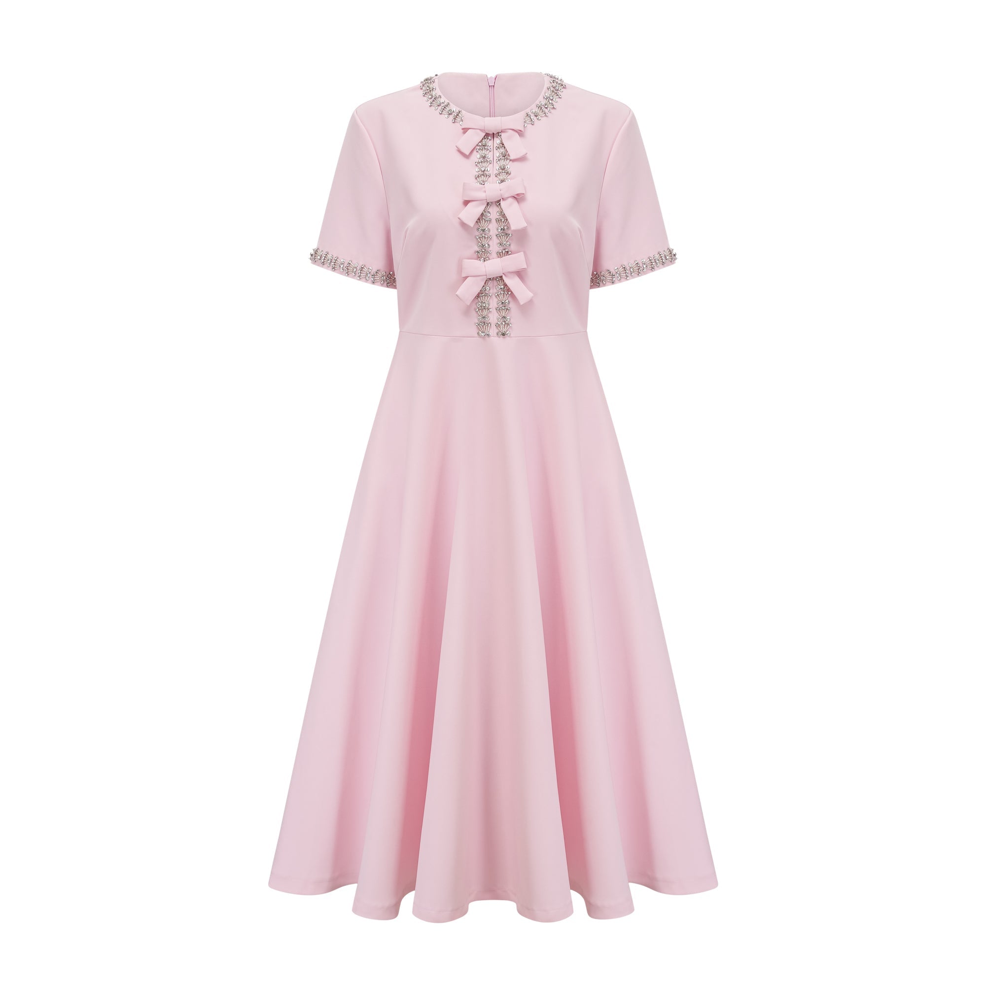 Cassi crystal-accented pink bow midi dress