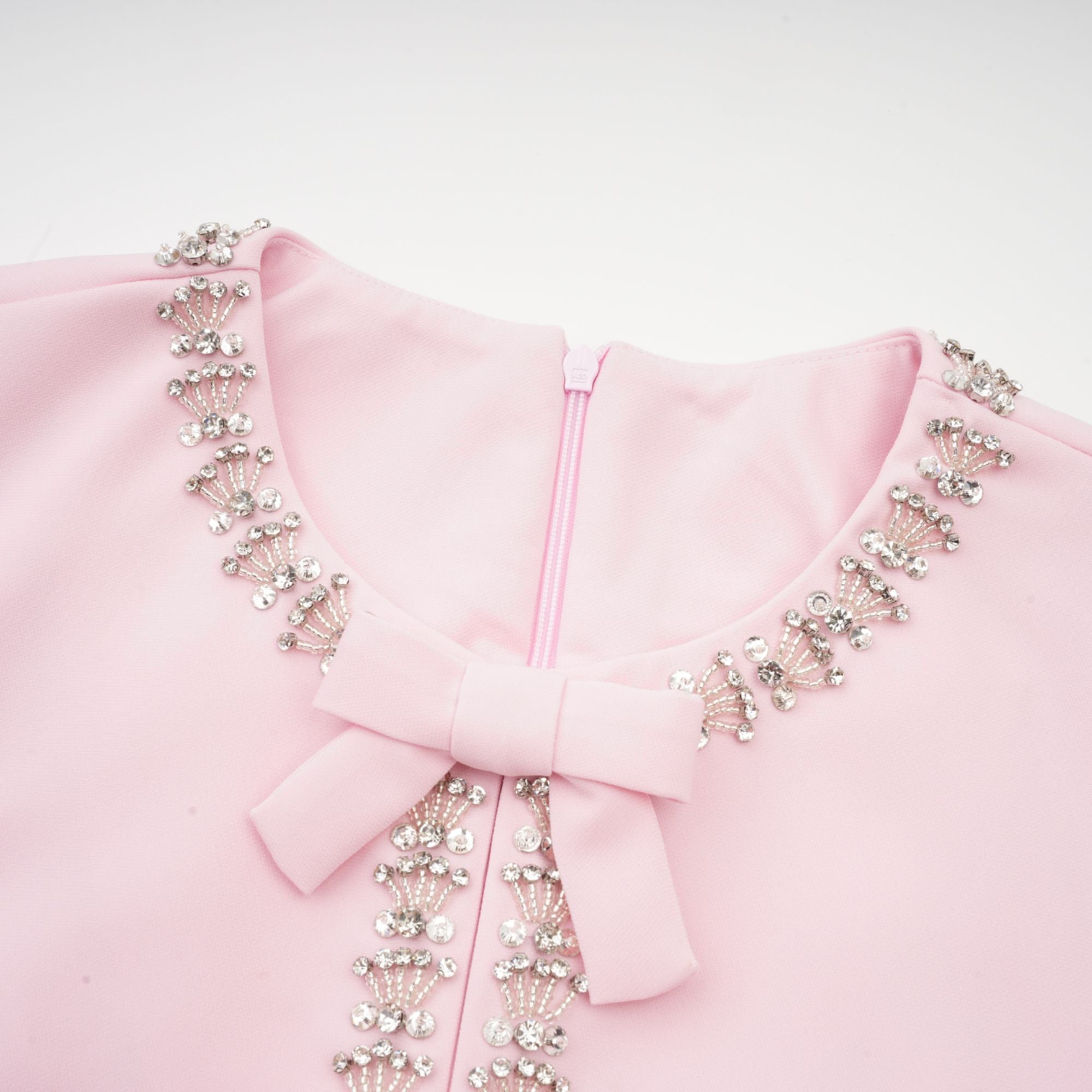 Cassi crystal-accented pink bow midi dress