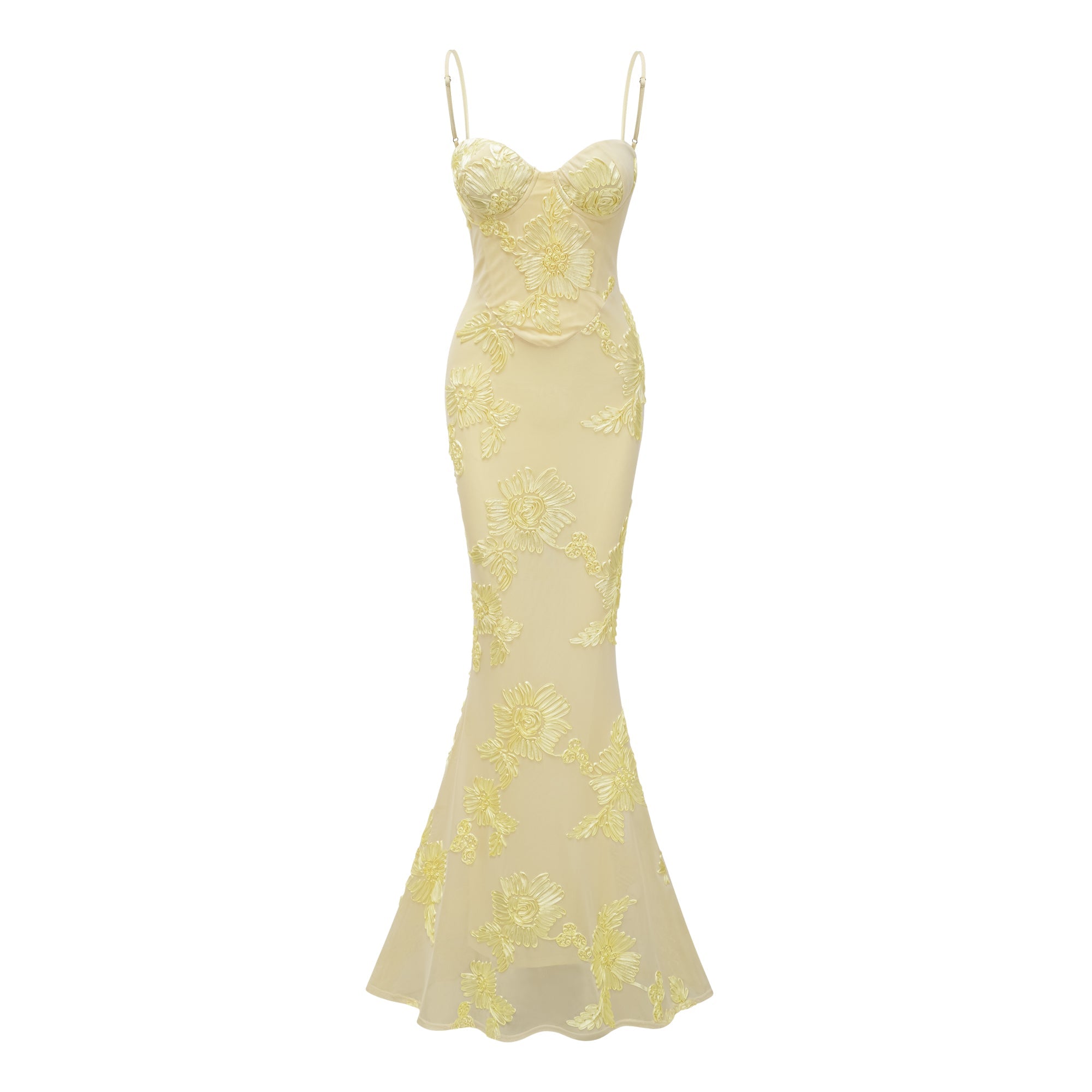 Théoline Yellow Floral Appliqué Corset Maxi Dress (Final Sale-US Only)