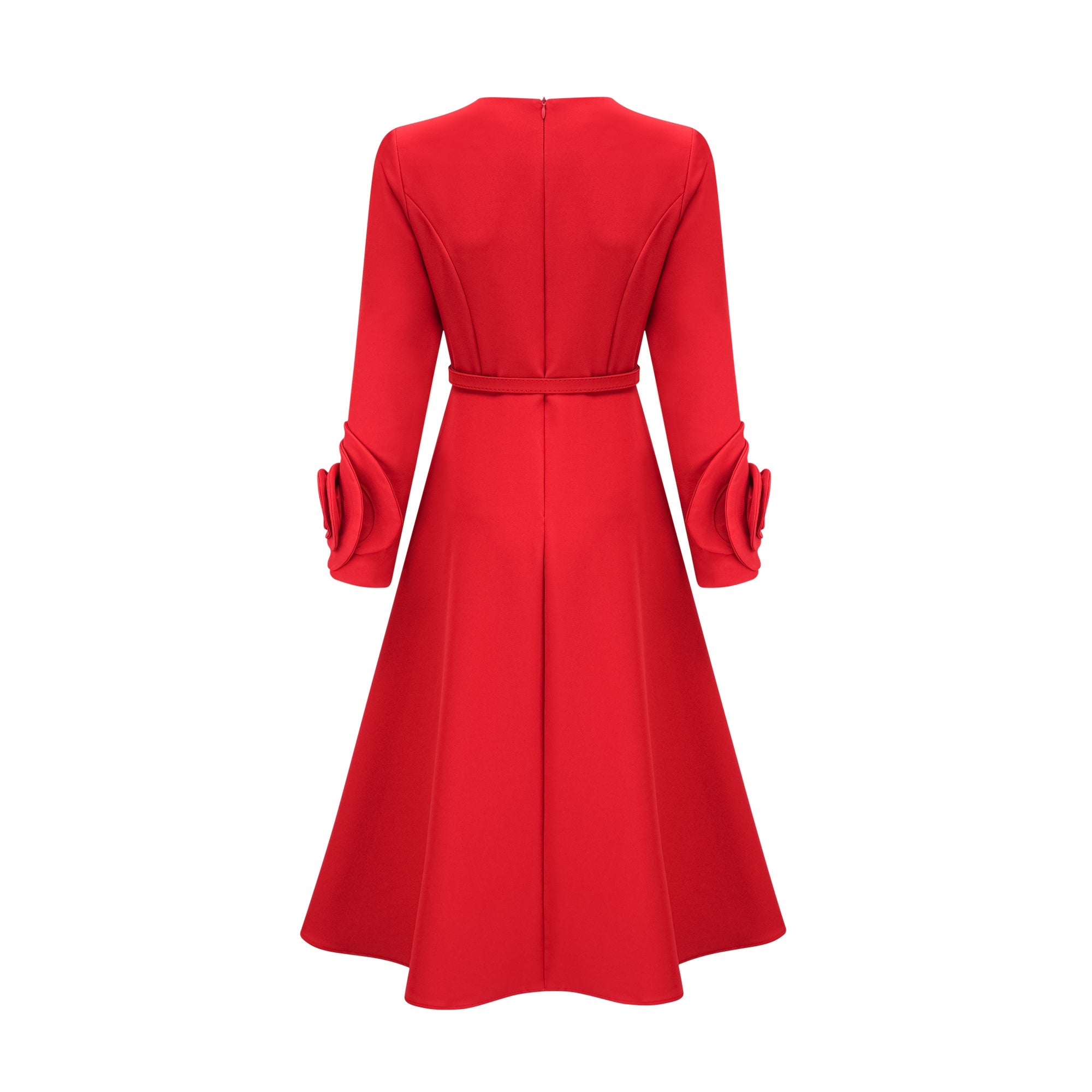 Aurelia red long-sleeve dress with floral embellishments