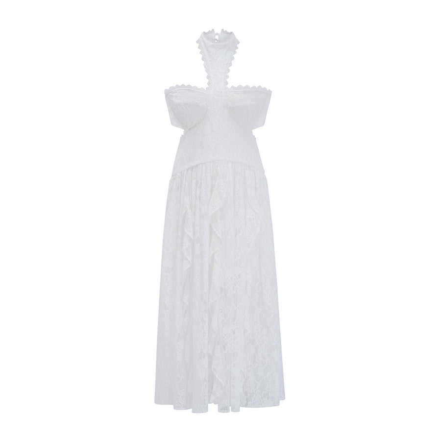 Evelyn White Halterneck Lace Maxi Dress