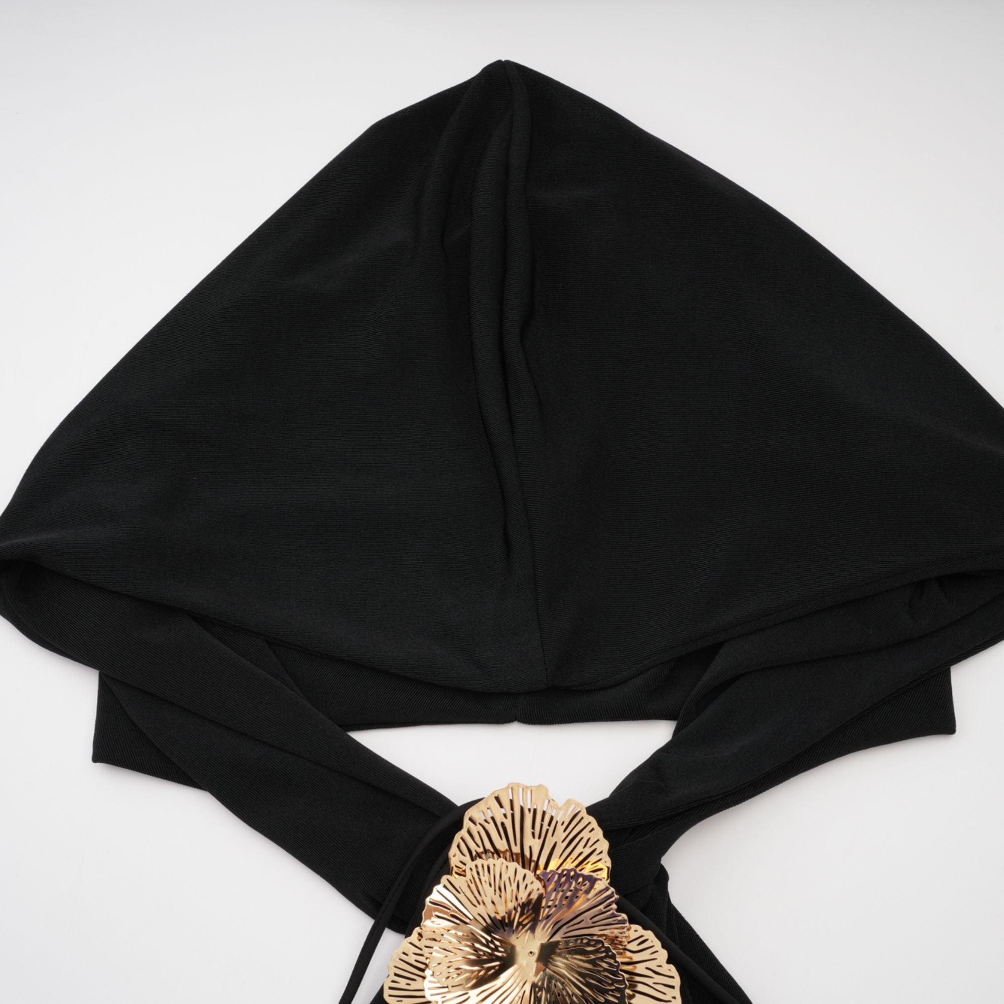 Axelle black floral-appliqué hooded maxi dress