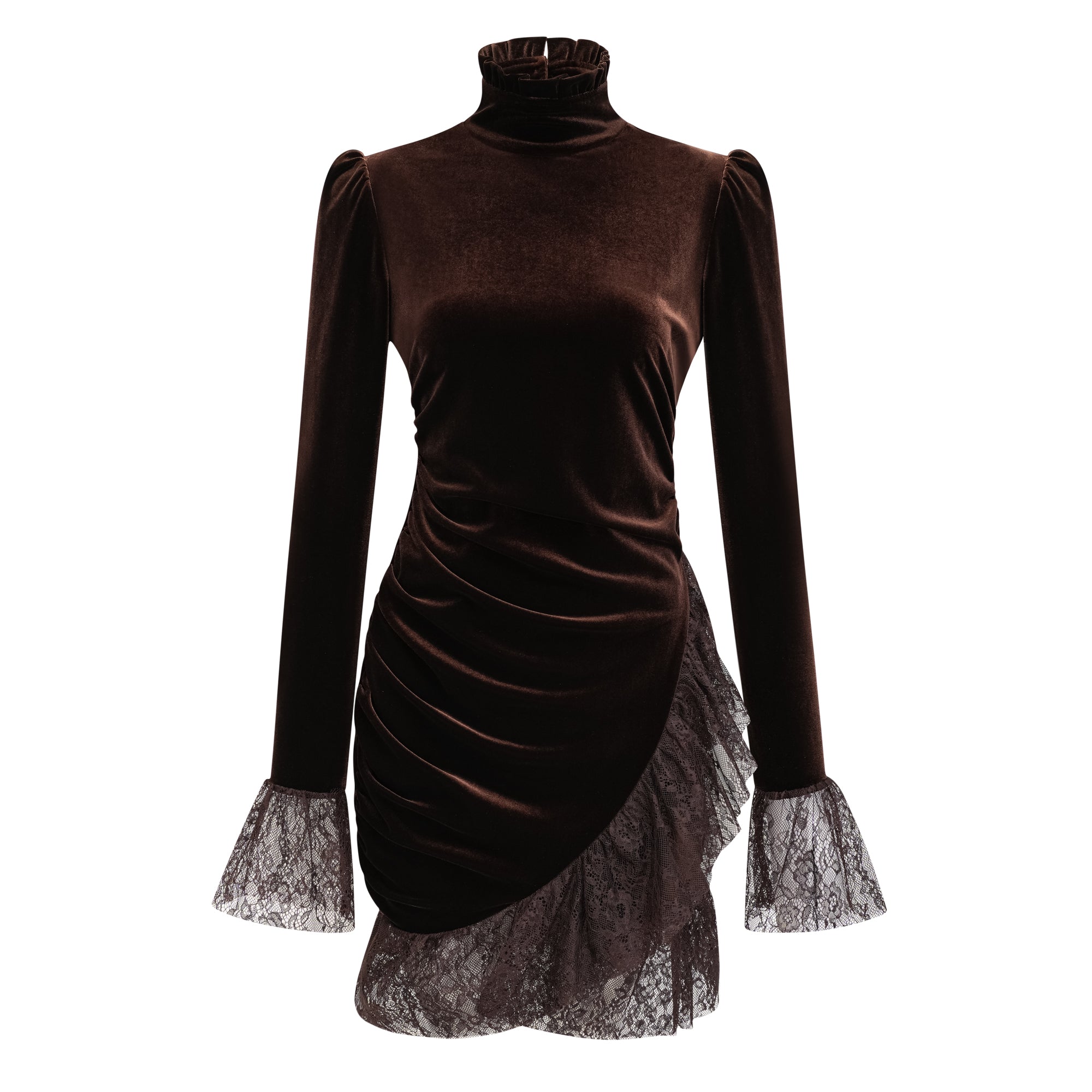 Alma Brown High Neck Asymmetrical Mini Dress